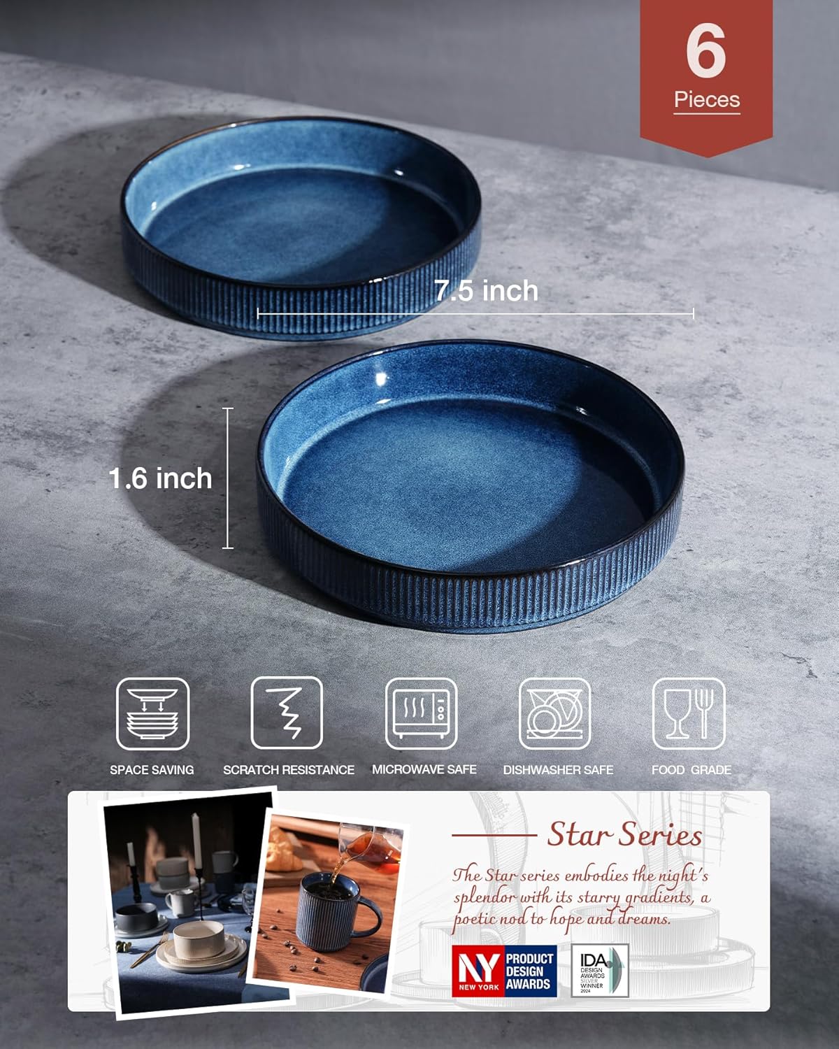 famiware Star 7.5" Pasta Bowls Set, Salad Bowl Set of 6, Double Reactive Glaze, Stackable, Perfect for Your Friend for Housewarming, Thanksgiving, Christmas, Nebulas Blue