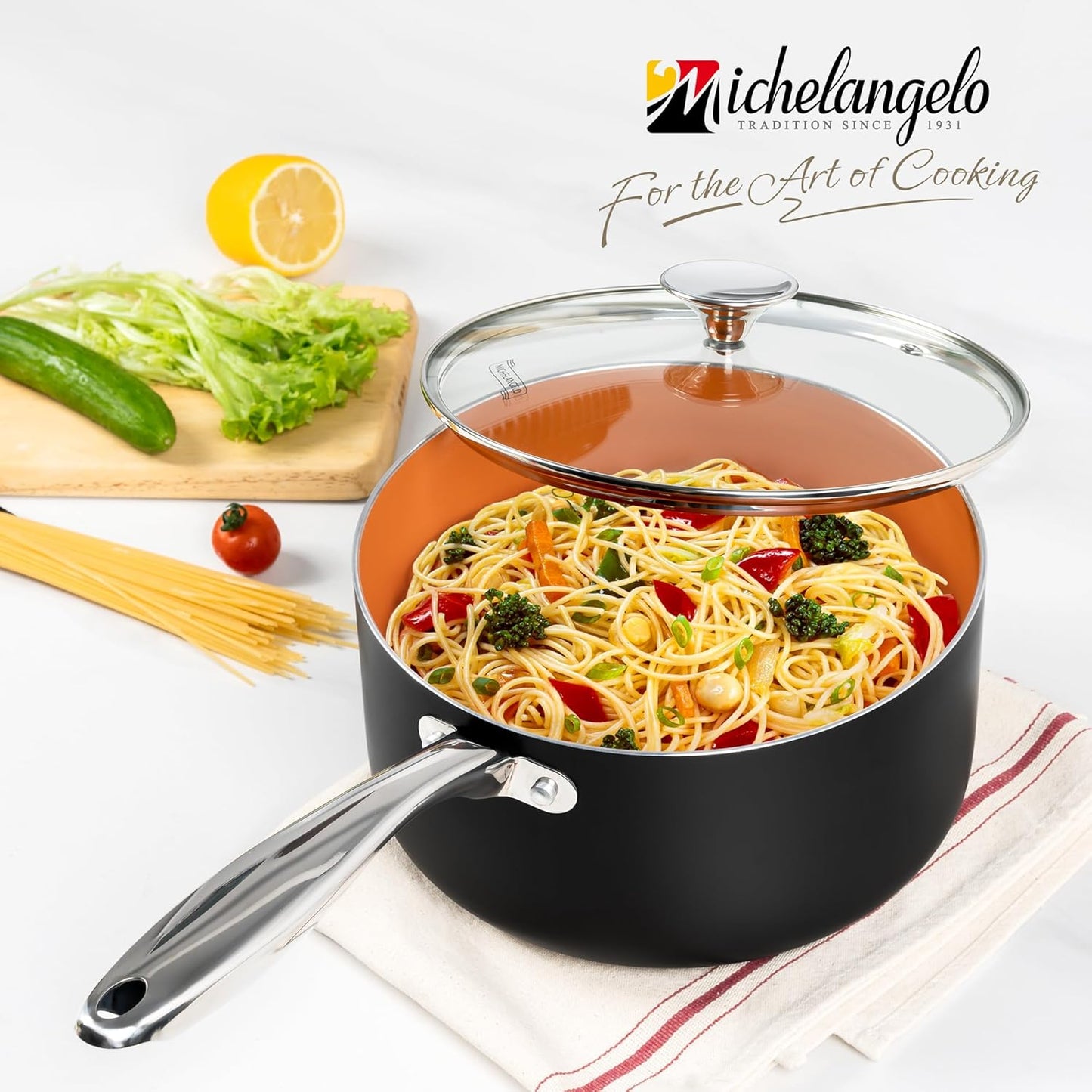 MICHELANGELO 4 Quart Saucepan with Lid - Ultra Nonstick Sauce Pan with Ceramic Coating, 4 Qt Non Stick Pot Induction Compatible, Copper