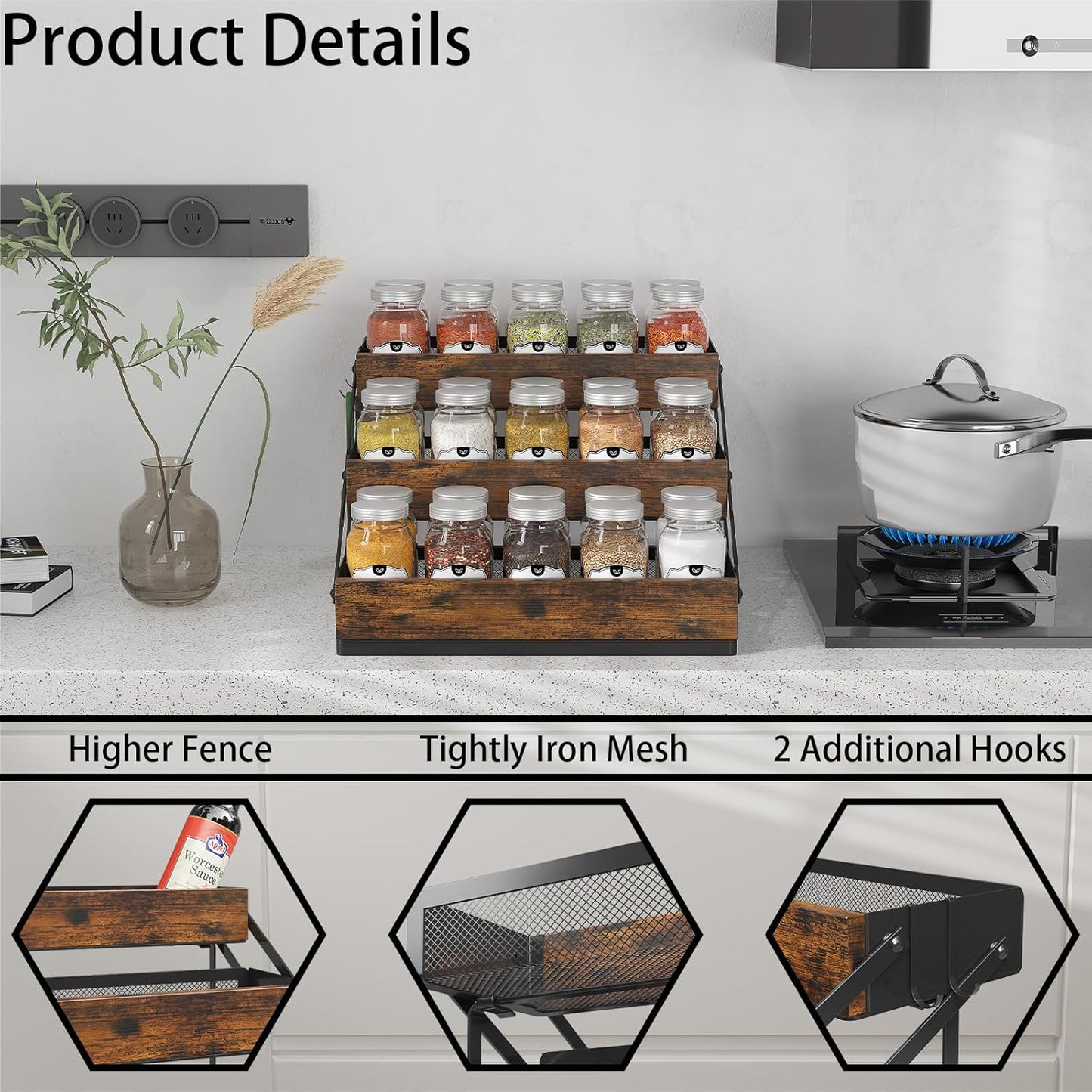 3 Tier Spice Rack Organizer for Cabinet, Foldable Spice Rack for Countertop, Cabinet Drawers Rustic Wooden Seasoning Spice storage for Kitchen Station, Pantry, Home - 1PC