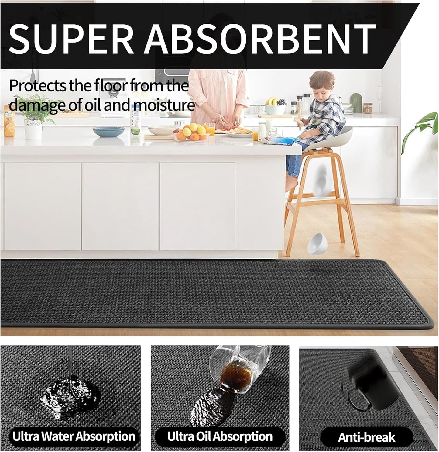 Kitchen Mats for Floor, Super Absorbent Kitchen Rugs Non Slip Washable, Soft Imitation Linen Braided Kitchen Runner Rug, Standing Mat Kitchens Sink Mat, Easy to Clean, Black 17x59
