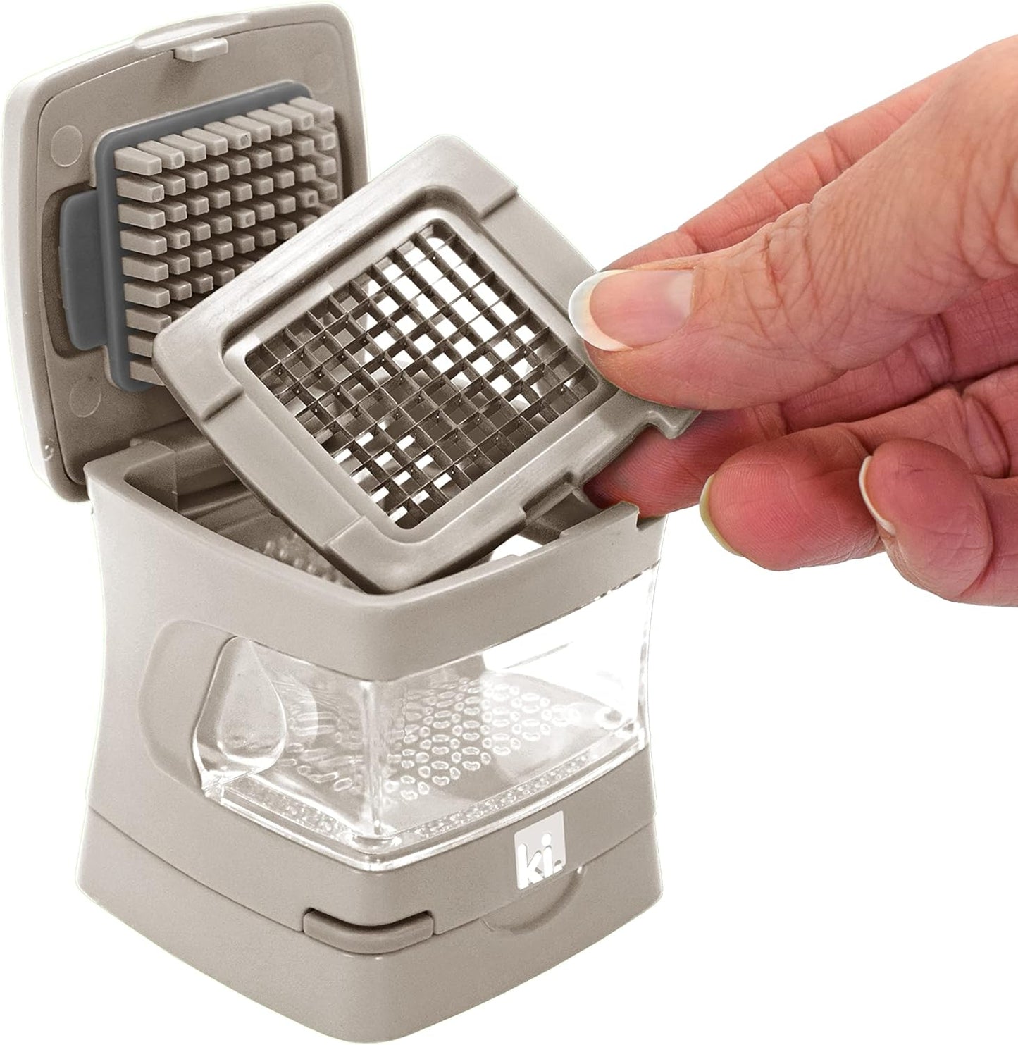 Garlic-A-Peel Garlic Press, Crusher, Cutter, Mincer, and Storage Container - Includes Silicone Garlic Peeler - Easy to Clean - Stainless Steel Blades – (Cream), standard