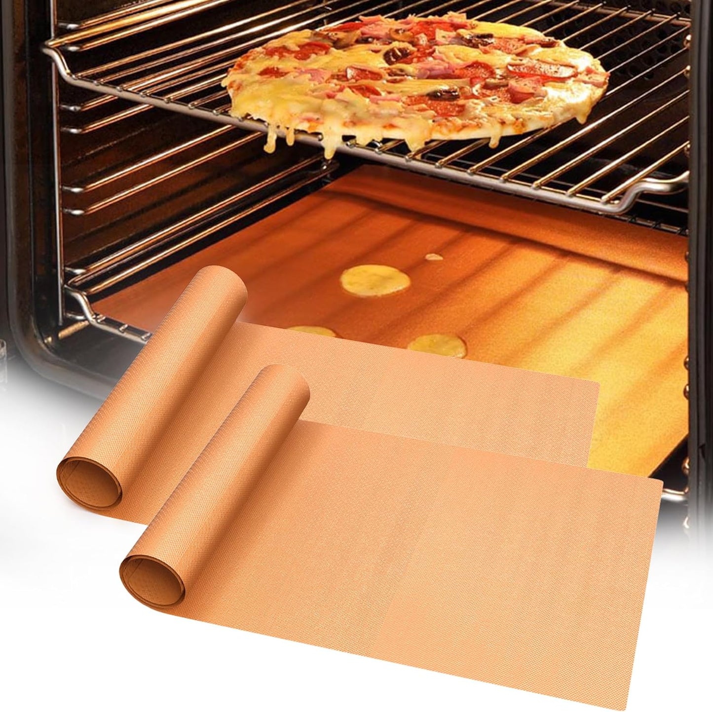 UBeesize 2 Pack Thickened Copper Oven Liners for Bottom of Oven BPA & PFOA Free, Reusable 16x24 Inch Heavy Duty Non Stick Teflon Oven Mats, Fit Electric Gas Toaster Convection Microwave Ovens Grills