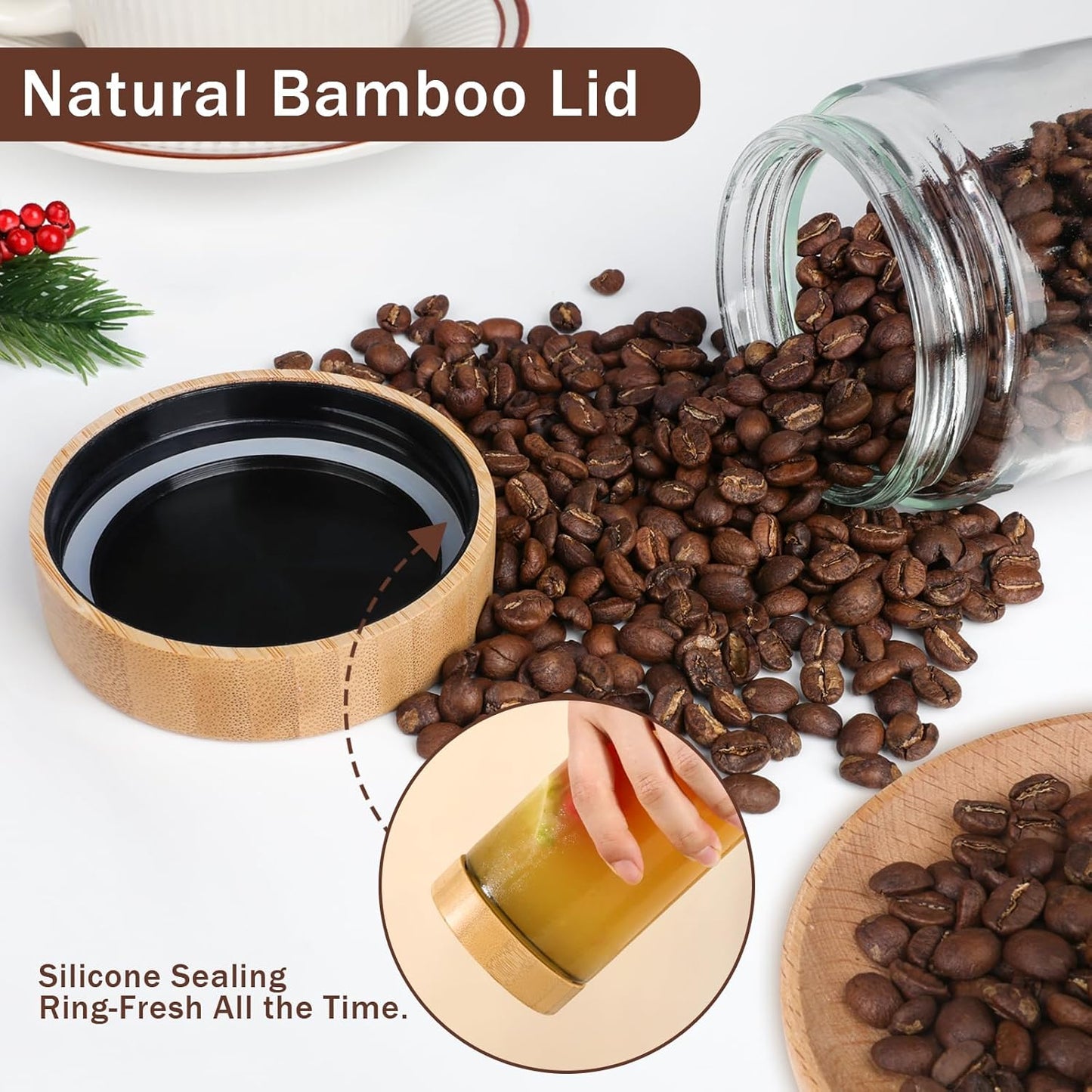 OcePor 4 Pack 10oz Glass Jars with Bamboo Lids, Over Night Oats Container with Airtight Lid, Glass Snack Storage Salad Jars For Food, Yogurt, Sugar and Flour,Coffee Bean, Cookie, Cereal