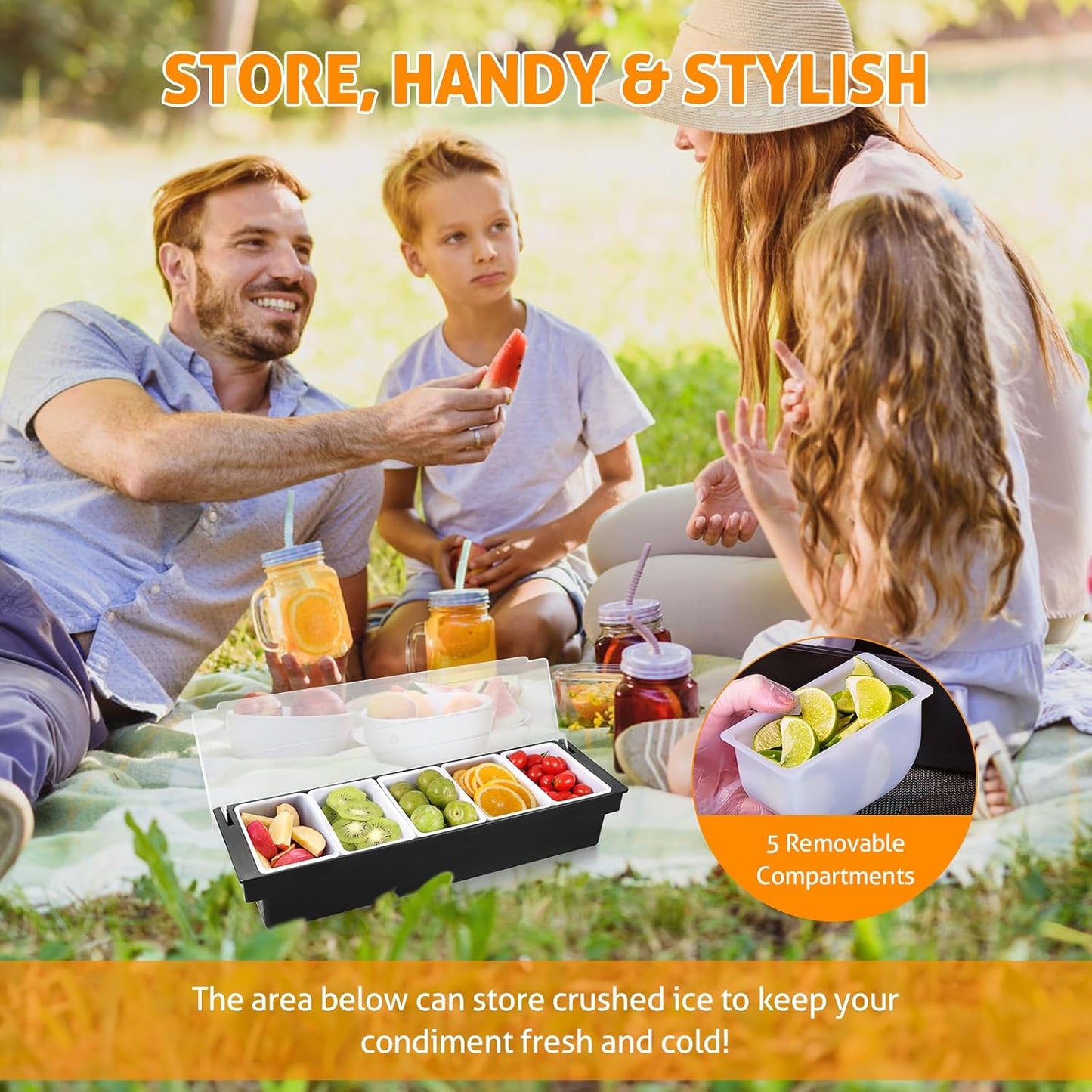 WICHEMI Fruit, Veggie & Condiment Caddy with Lid Dispenser Tray Plastic Garnish Station for Bartending & Serving Taco, Ice Cream, Salad Bar - Topping Organizer for Restaurant Supplies (5 Compartment)