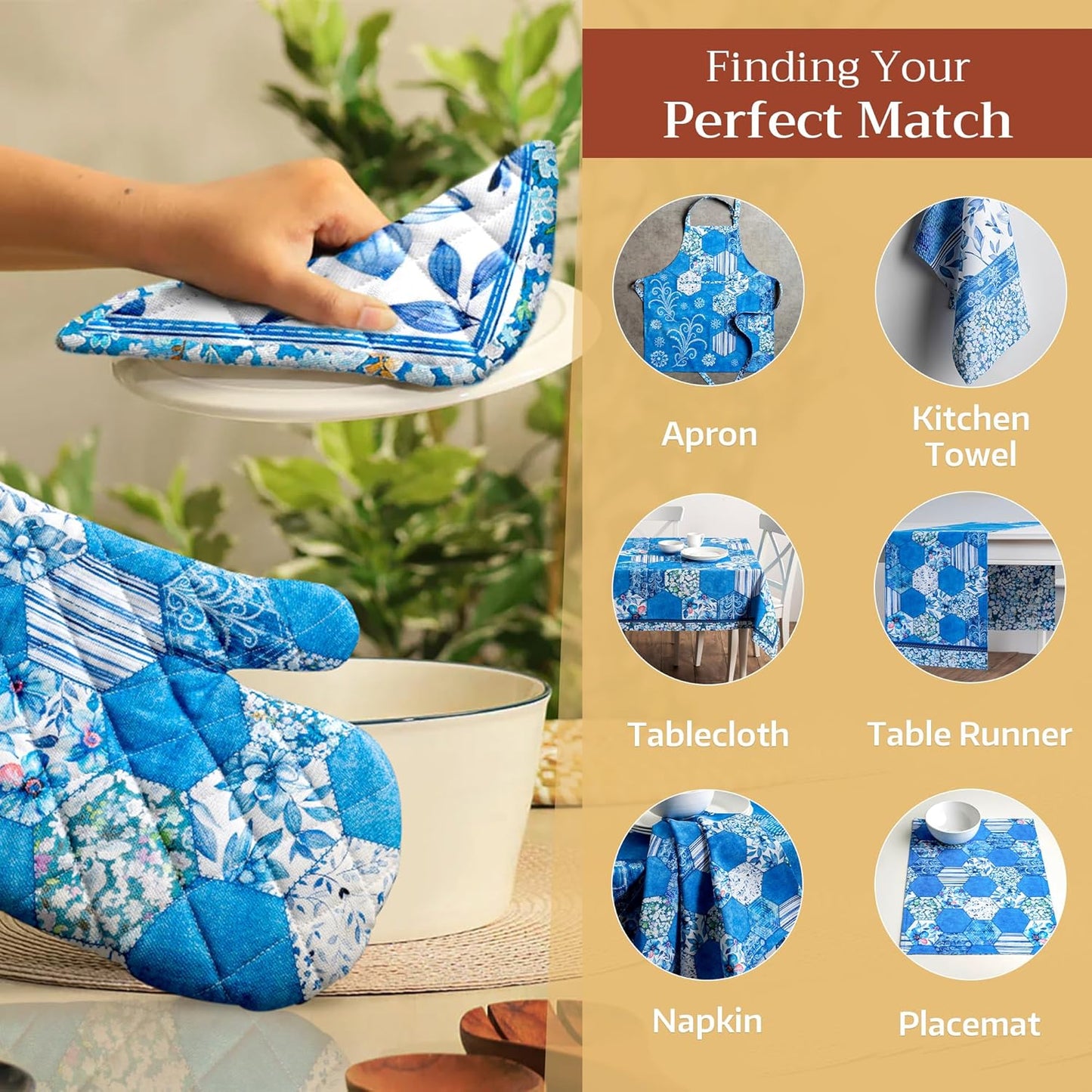 Maison d' Hermine Oven Gloves 100% Cotton Oven Mitt 7" x 13" with Loop Heat Resistant, BBQ, Cooking Gloves, Baking, Grilling, Kitchen, Handling Hot Pans Spring/Summer (Pack of 1, Summer Blues)