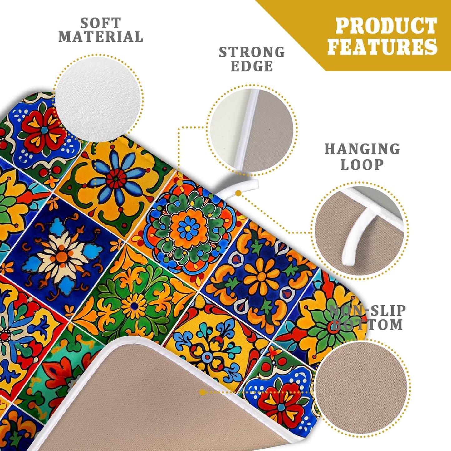 Mexican Tiles Dish Drying Mat for Kitchen Counter Absorbent Microfiber Dish Drying Pad Kitchen Gadgets Multi-use