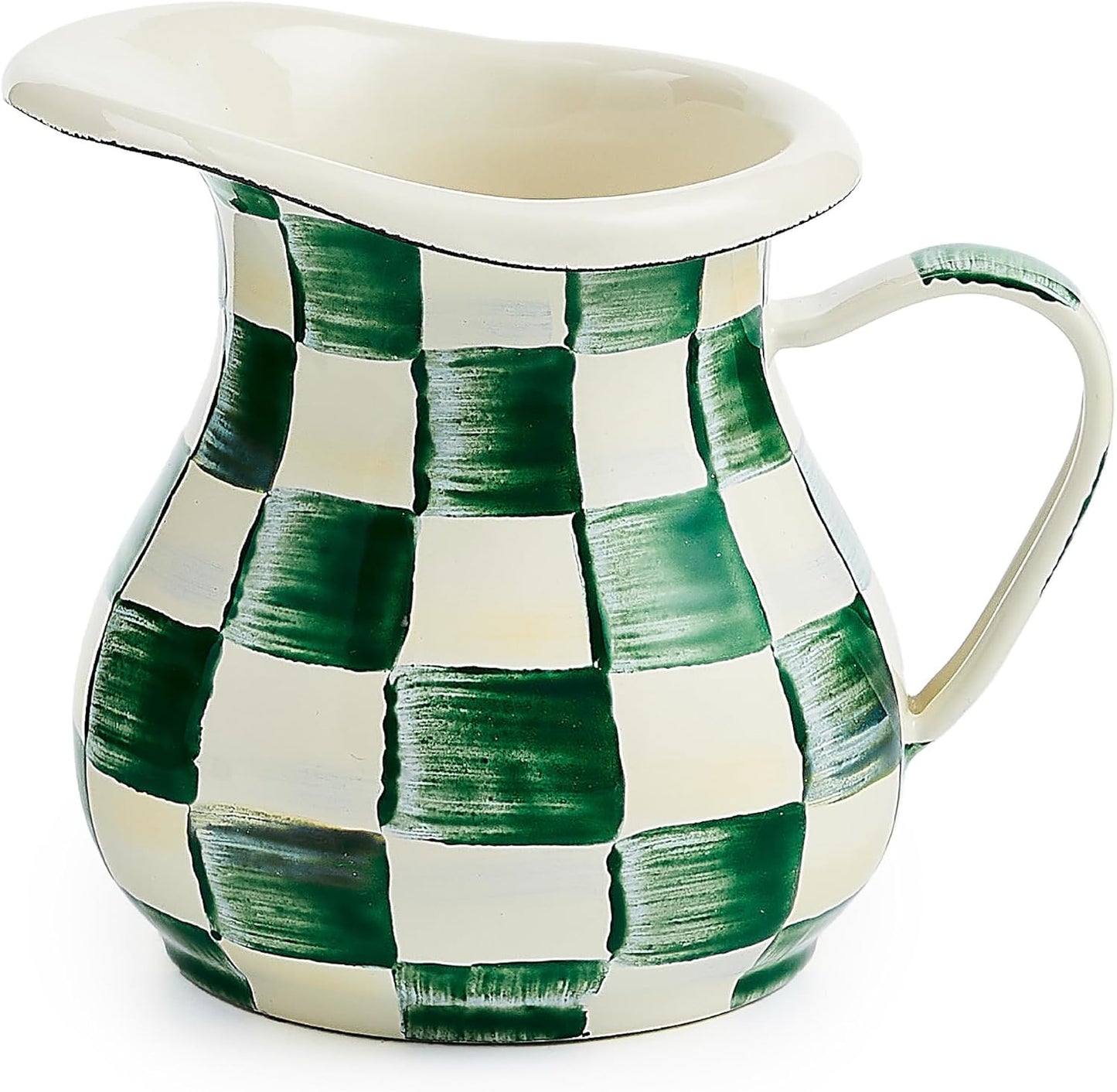 MACKENZIE-CHILDS Enamel Creamer, Creamer Dispenser with Pour Spout, 14-Ounce Capacity, Green-and-White Emerald Check