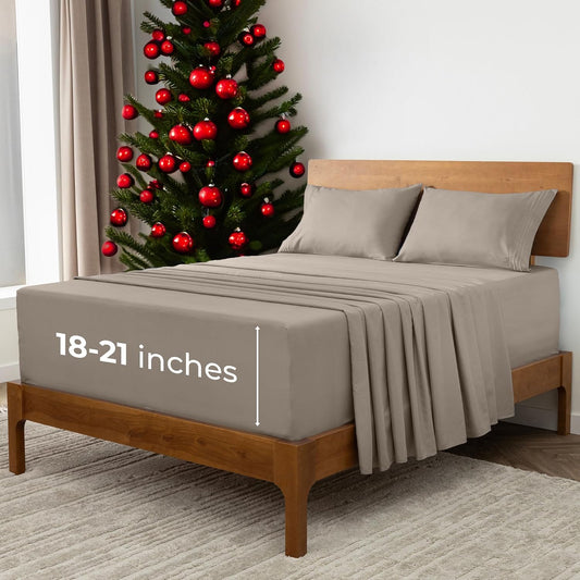 Mellanni Extra Deep Split King Sheets - 5 PC Iconic Collection Bedding - Hotel Luxury, Ultra Soft, Cooling Bed Sheets - Wrinkle, Fade, Stain Resistant (Split King, Tan)