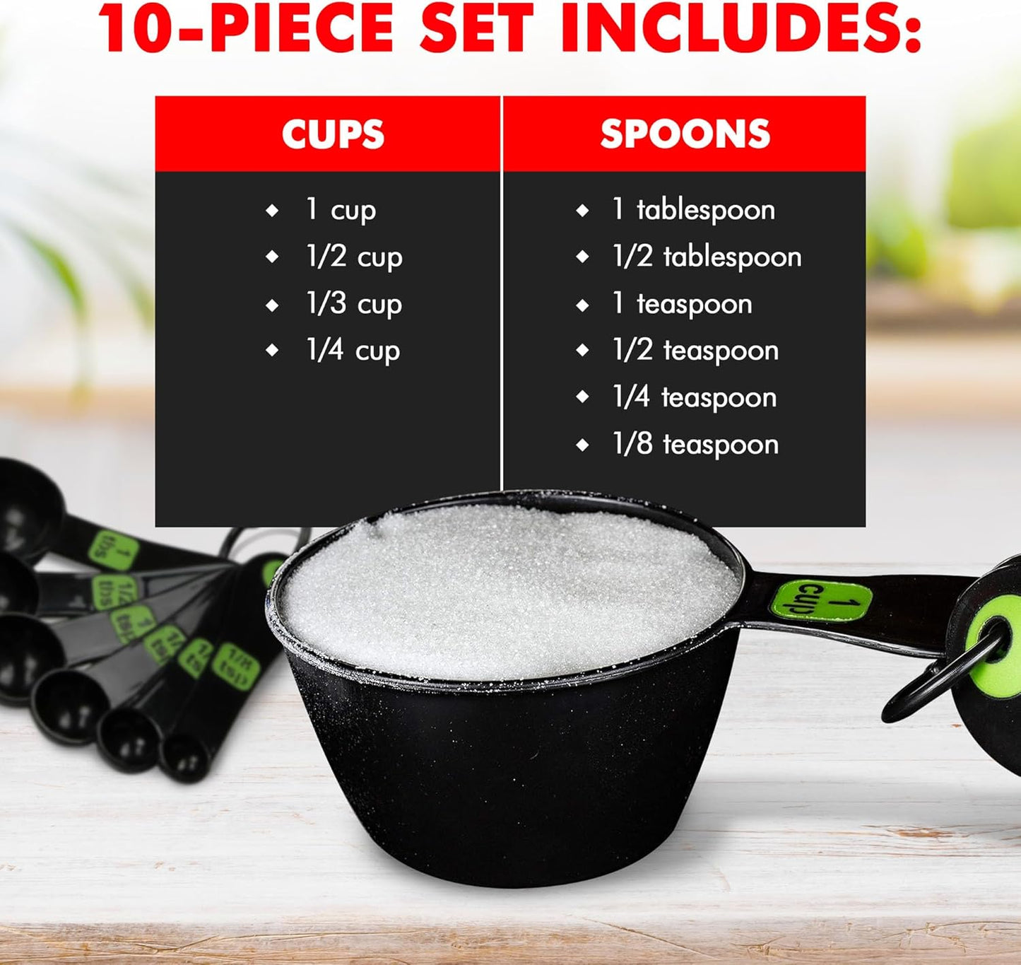 Chef Craft Easy to Ready Plastic Measuring Cup Set, 10 piece set, Green