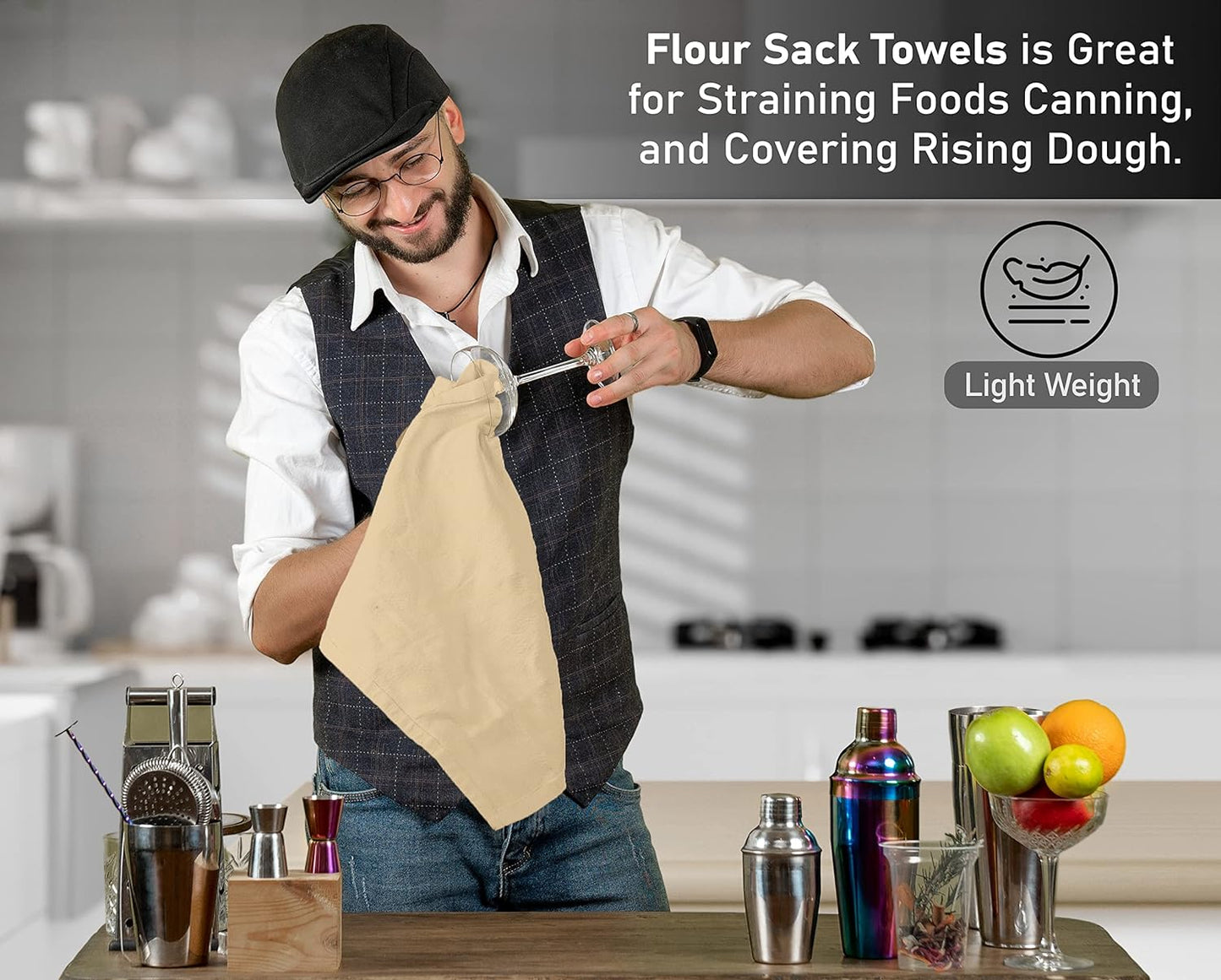 RUVANTI Flour Sack Towels 24 Pack 28x28 Inch, 100% Cotton Tea Towel, Reusable, Machine Washable, Absorbent BarTowels - Dish Cloth Perfect for Drying Dishes & Cleaning - Camel