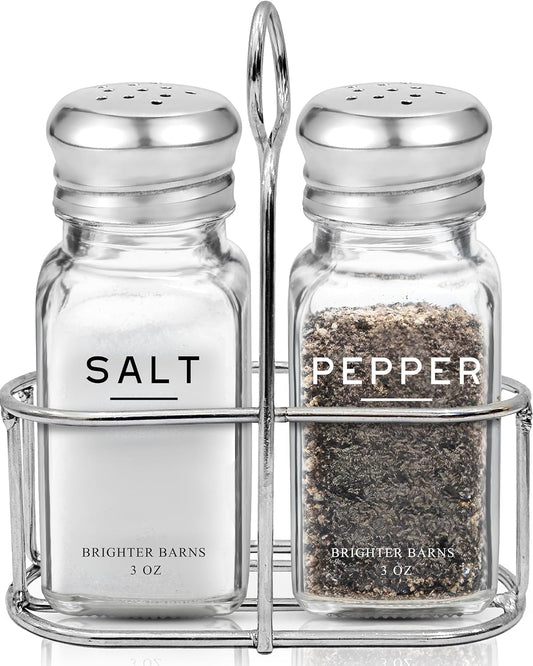 Glass Salt and Pepper Shakers Set with Holder by Brighter Barns - Modern Kitchen Decor, Dining Table Countertop Accessory - Cute Salt and Pepper Set with Caddy for Restaurants, Farmhouse Decor (Clear)