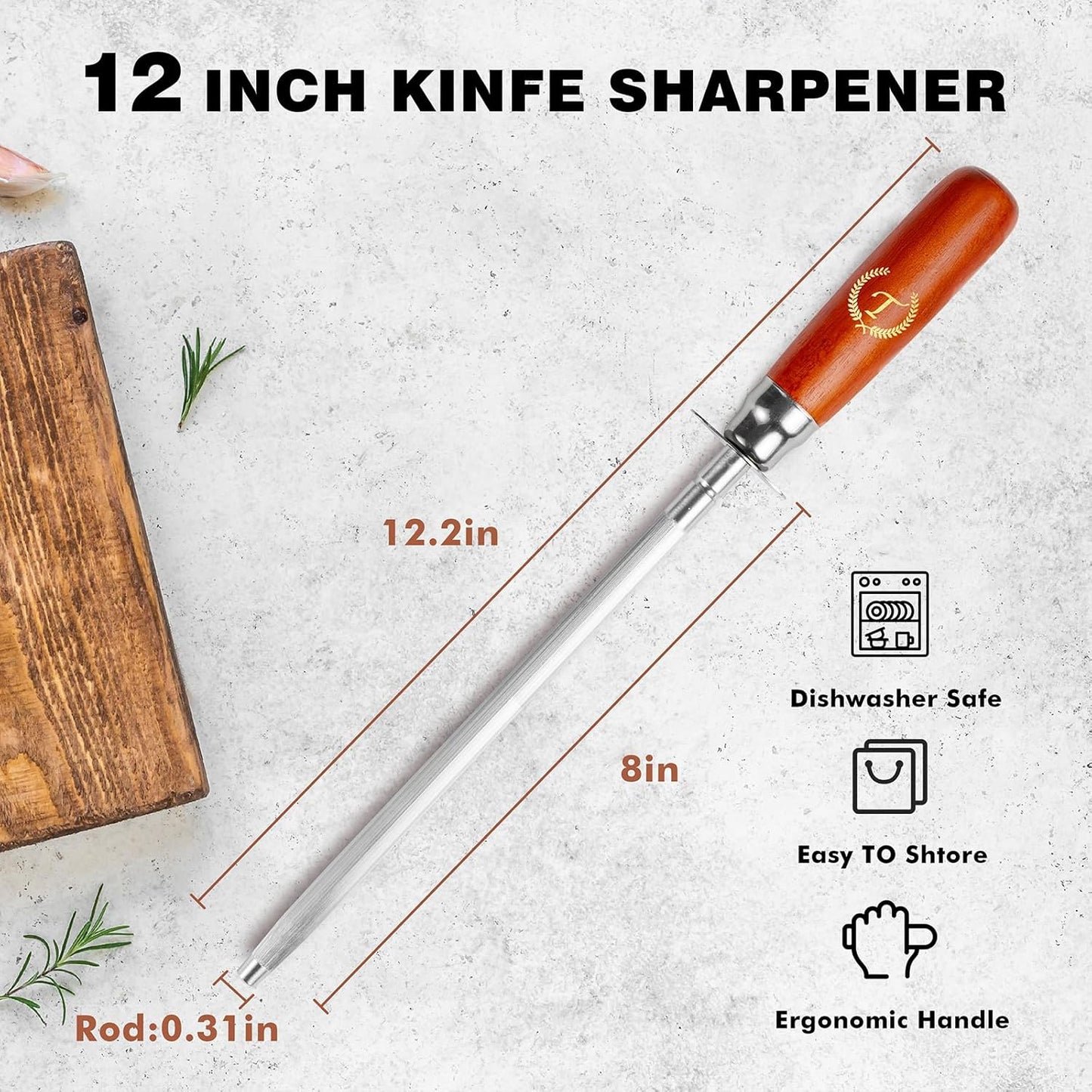 Knife Sharpener Rod, Kitchen Knives Sharpener Carbon Steel Professional Knife Sharpening Steel, Honing Rod with Hanging Holes (13 inches), T