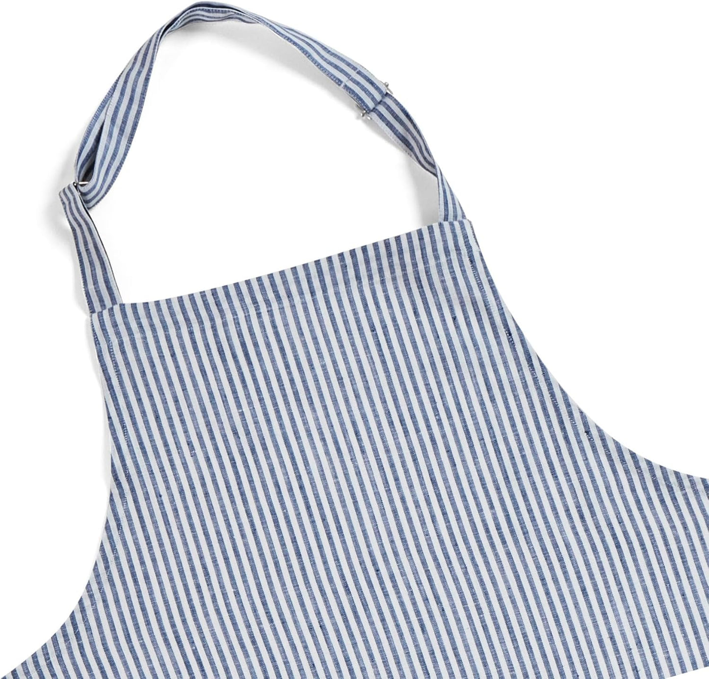 Solino Home 100% Pure Linen Apron for Women & Men - Navy and White Stripe Full Midi Bib Apron, Adjustable Neck Strap with Center Pockets for Kitchen, Chef - Handcrafted from European Flax