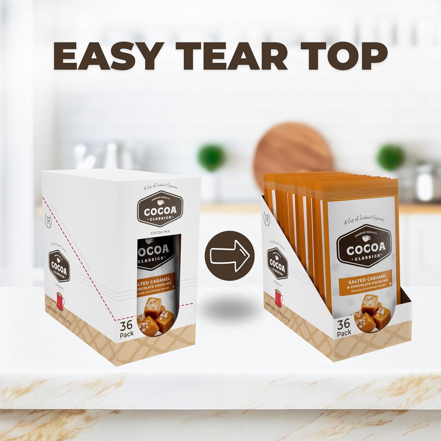 Cocoa Classics Salted Caramel Cocoa Mix, Hot Chocolate, Made with Nonfat Milk, Just Add Hot Water, Make Hot or Iced Cocoa, Gluten Free & Kosher Dairy Friendly, 1.25oz Packets (Pack of 36)