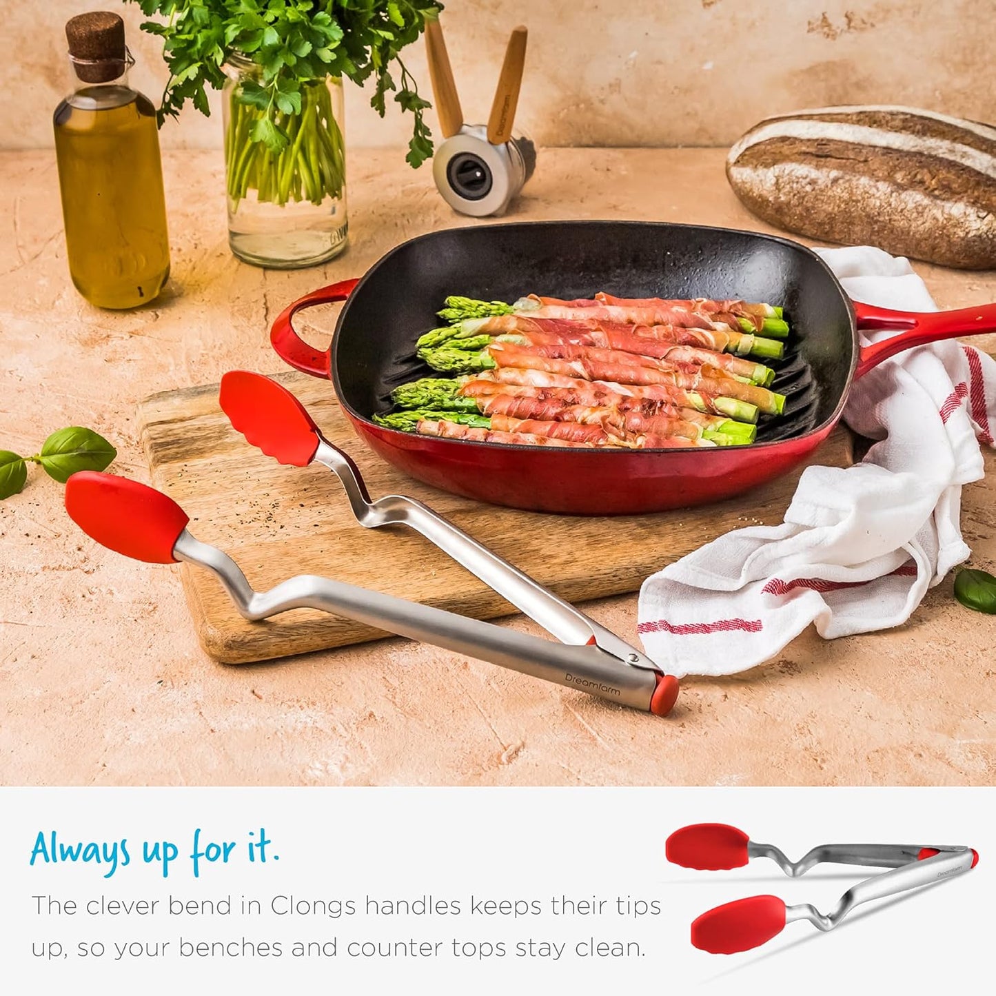 Dreamfarm Clongs Grippy Silicone & Stainless Steel Kitchen Cooking Tongs with Click-Lock Open & Close - 9" Black