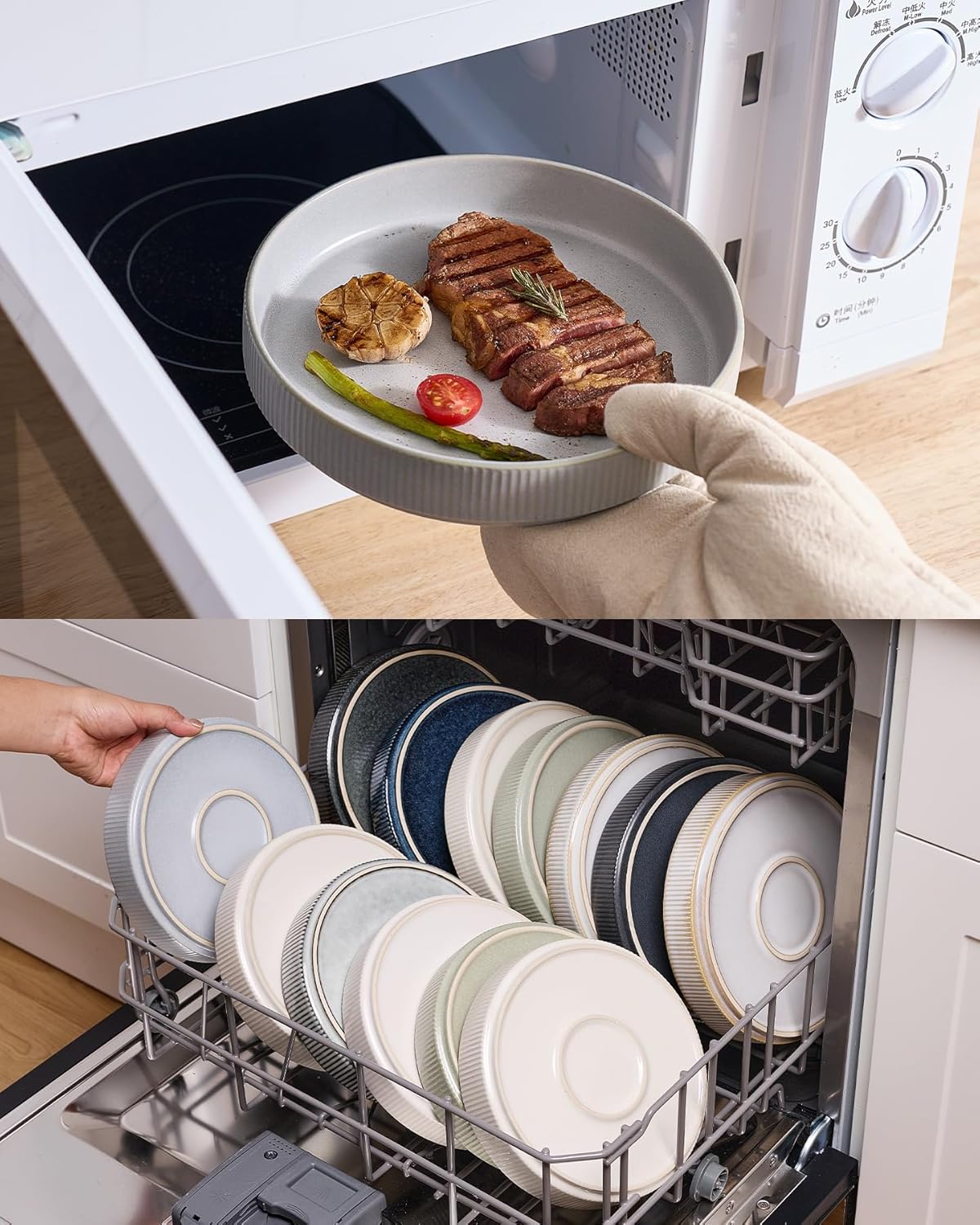 famiware Star 7.5" Pasta Bowls Set, Salad Bowl Set of 4, Double Reactive Glaze, Stackable, Ideal for Your Friend for Housewarming, Festivals, Light Gray