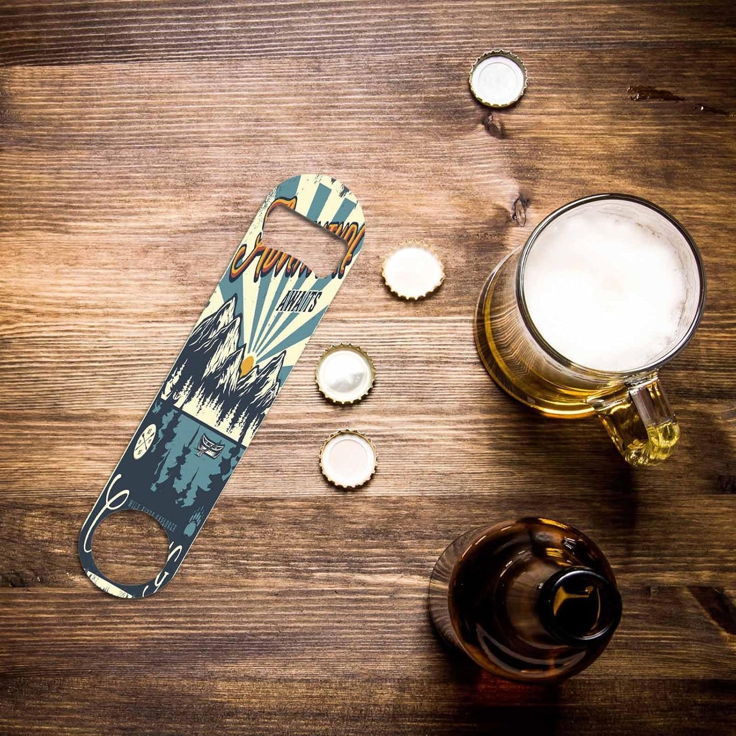 Adventure Awaits Stainless Steel Bottle Opener Vintage Canoe Boat Forest and Mountains Landscape Flat Beer Bottle Opener Keychain for Home Kitchen Bar Restaurant Party Birthday Gift