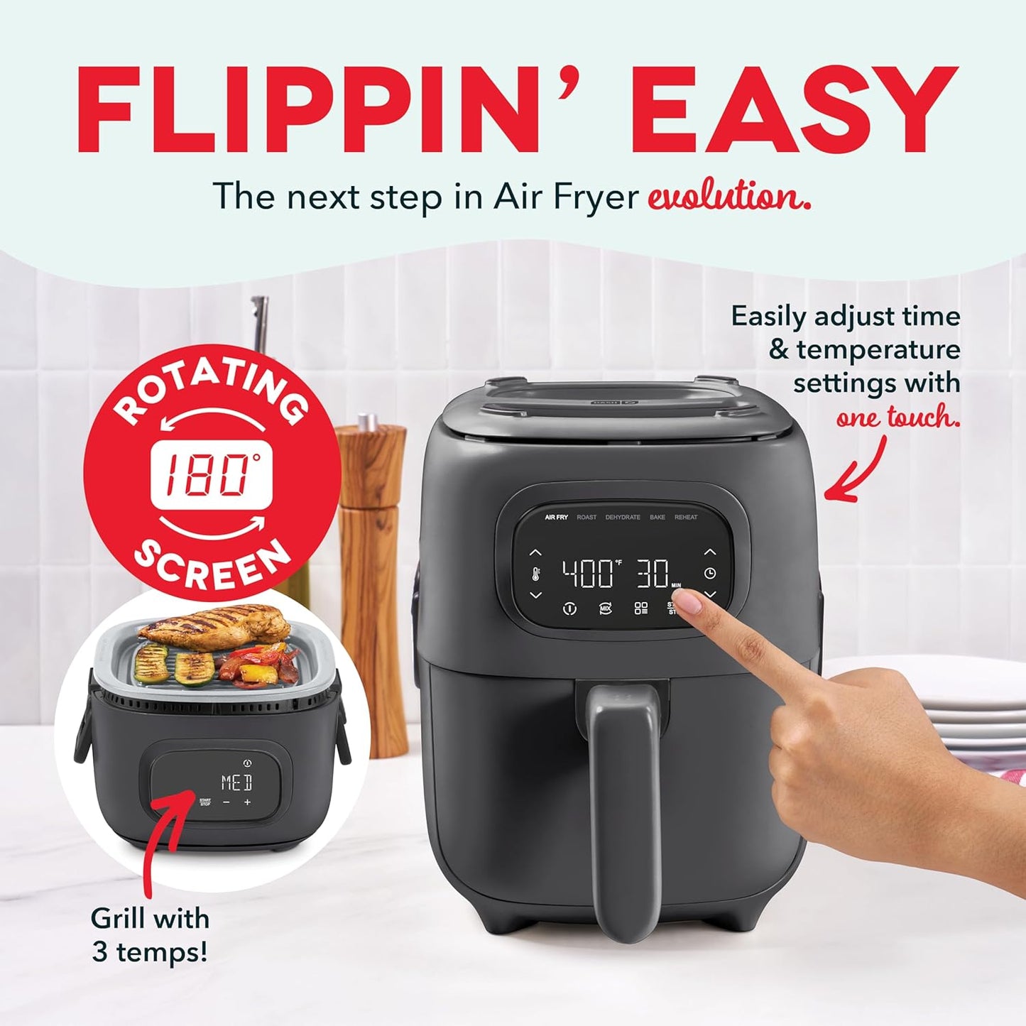 Dash Flip & Fry™ Digital 2-in-1 Grill + Air Fryer with 5 functions, 3 Qt Capacity, Air fryer & Indoor Grill for fries, wings, burgers and more - Forged Iron