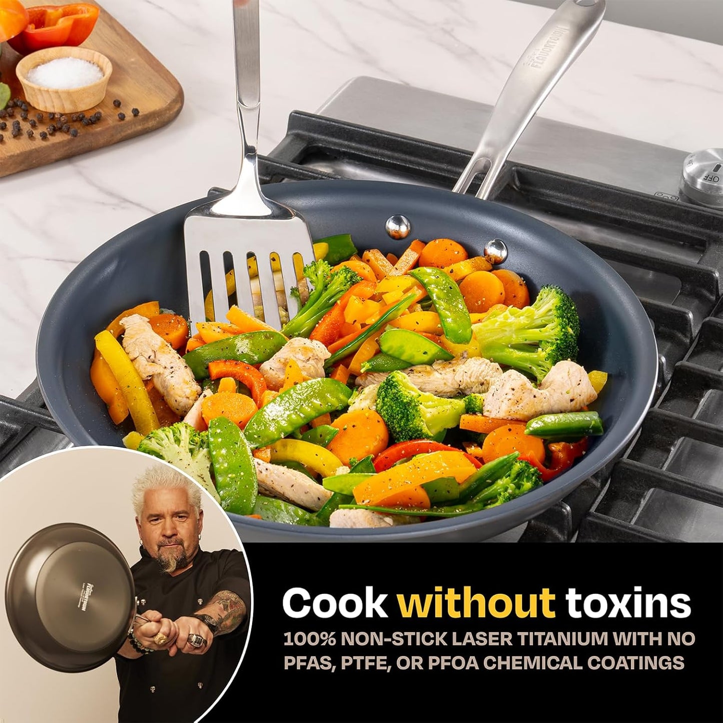 Guy Fieri's Flavortown Laser Titanium 2 Pcs Fry Pan Set 8.5" and 10" - Non-stick Cookware Set Without PFAS, PTFE, or PFOA, 3x More Durable, Dishwasher Safe, Oven Safe
