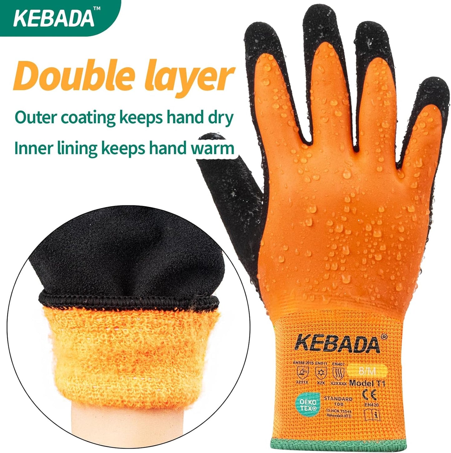 Kebada T1 3 Pairs Waterproof Winter Work Gloves for Men and Women, Warm Work Gloves for Cold Weather, Thermal Insulated Freezer Gloves, 100% Latex Coating & Super Grip, Unisex, Medium