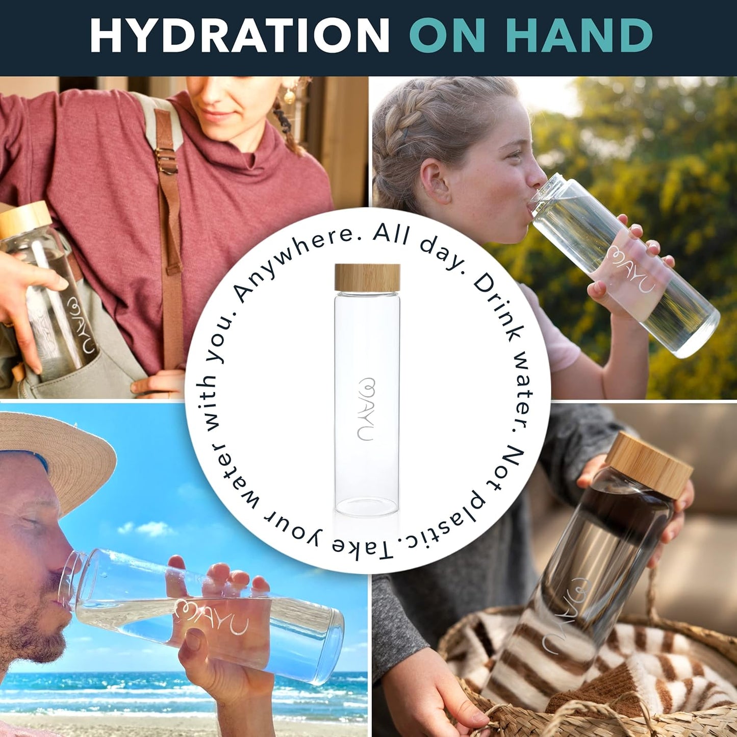 mayu Glass Travel Water Bottle | Sustainable Borosilicate Glass Bottle with Bamboo Lid & Sieve – Plastic-Free, Leak-Resistant Hydration for Home, Gym & On-the-Go (1L)