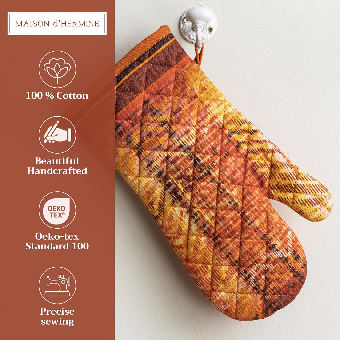 Maison d' Hermine Oven Gloves 100% Cotton Oven Mitt 7" x 13" with Loop Heat Resistant, BBQ, Cooking Gloves, Baking, Grilling, Kitchen, Handling Hot Pans (Pack of 1, Thanksgiving Tartan)