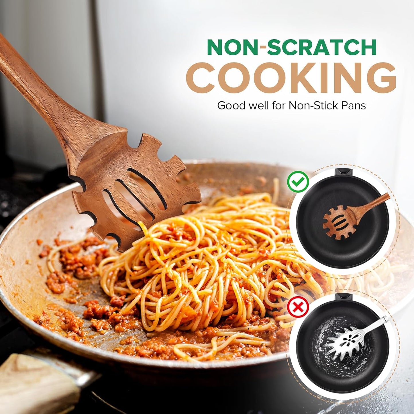 Wooden Spoons for Cooking,2 Pcs Wooden Utensil Set of Soup Ladle &Spaghetti Pasta Spoon with Teeth, Teak Wood Soup Ladle&Slotted Pasta Fork Strainer Spoon Set for Serving Collecting Noodle Gravy Sauce