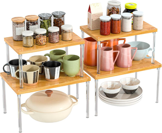 Jolitac Cabinet Organizer Shelf - Set of 4 Clear Acrylic Spice Rack, Stackable Pantry Storage Shelves for Kitchen Counter, Bathroom, Desk - Multi-Purpose Bamboo Space Saving Shelves, Easy Assembly