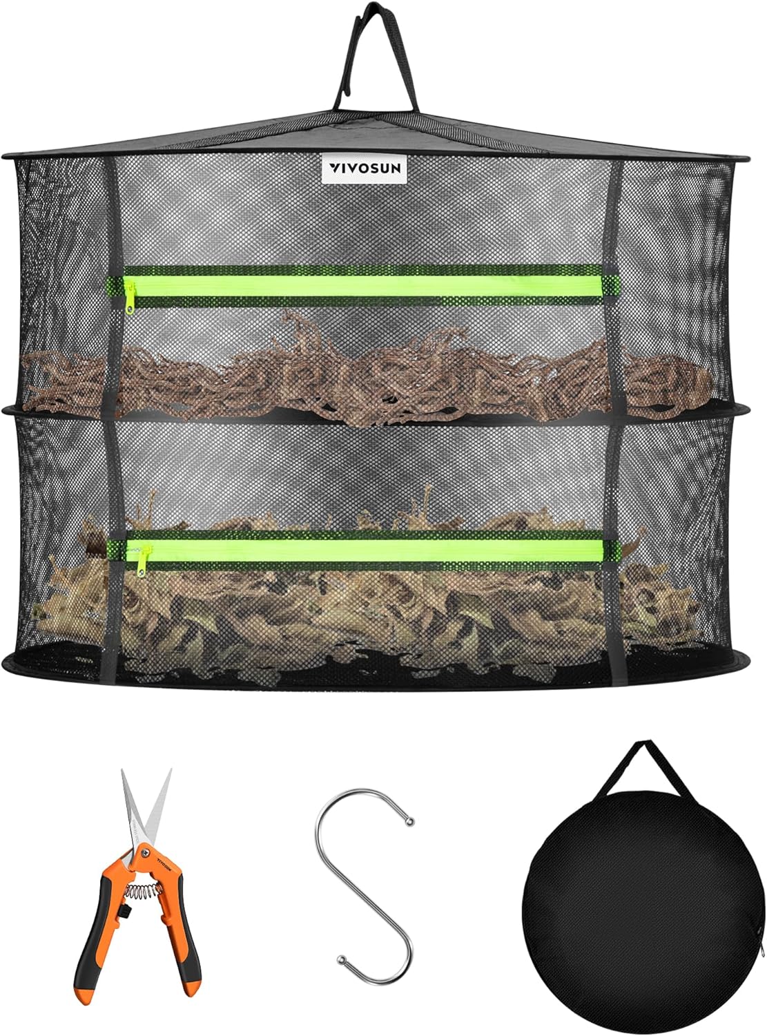 VIVOSUN 2-Layer Mesh Drying Rack Hanging Design with Green Zippers for Dehydrating, Indoor and Outdoor Pruning Shears Included