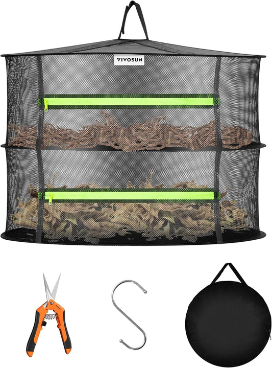 VIVOSUN 2-Layer Mesh Drying Rack Hanging Design with Green Zippers for Dehydrating, Indoor and Outdoor Pruning Shears Included