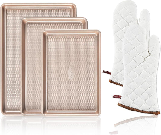 HONGBAKE 3 Pack Gold Nonstick Baking Sheet Pan Set with Oven Mitts Heat Resistant, Non-Toxic Half/Quarter/Jelly Roll Pans with Diamond Texture Pattern, Heavy Duty 0.8mm Thick Cookie Trays for Cooking