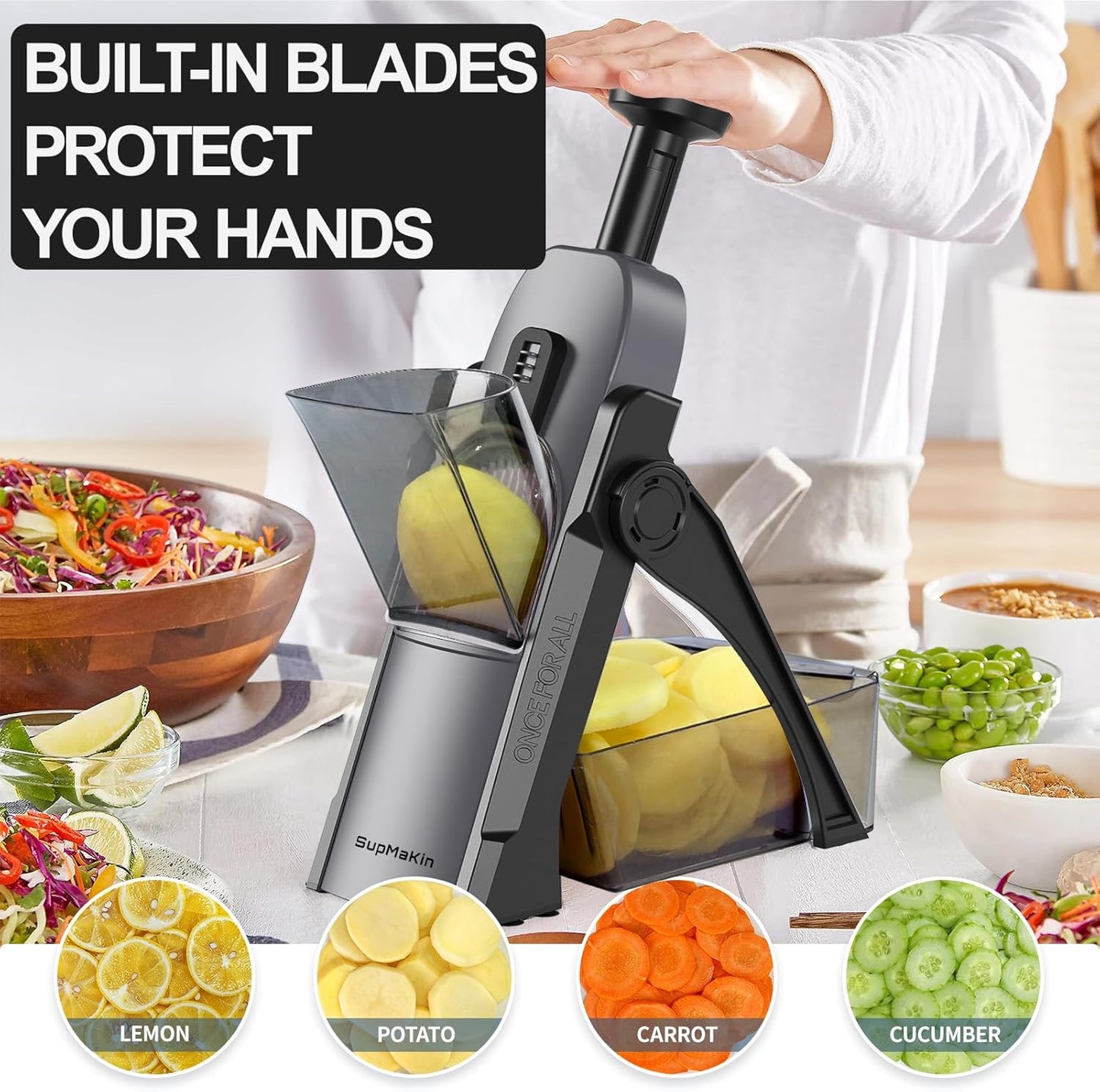 SupMaKin Safe Mandoline Slicer for Kitchen, Potato Slicer for Chips, Vegetable & Food Cutter,Thickness Adjustable 0.1-8 mm, Kitchen Faster Slice Artifact (Only Slicer)