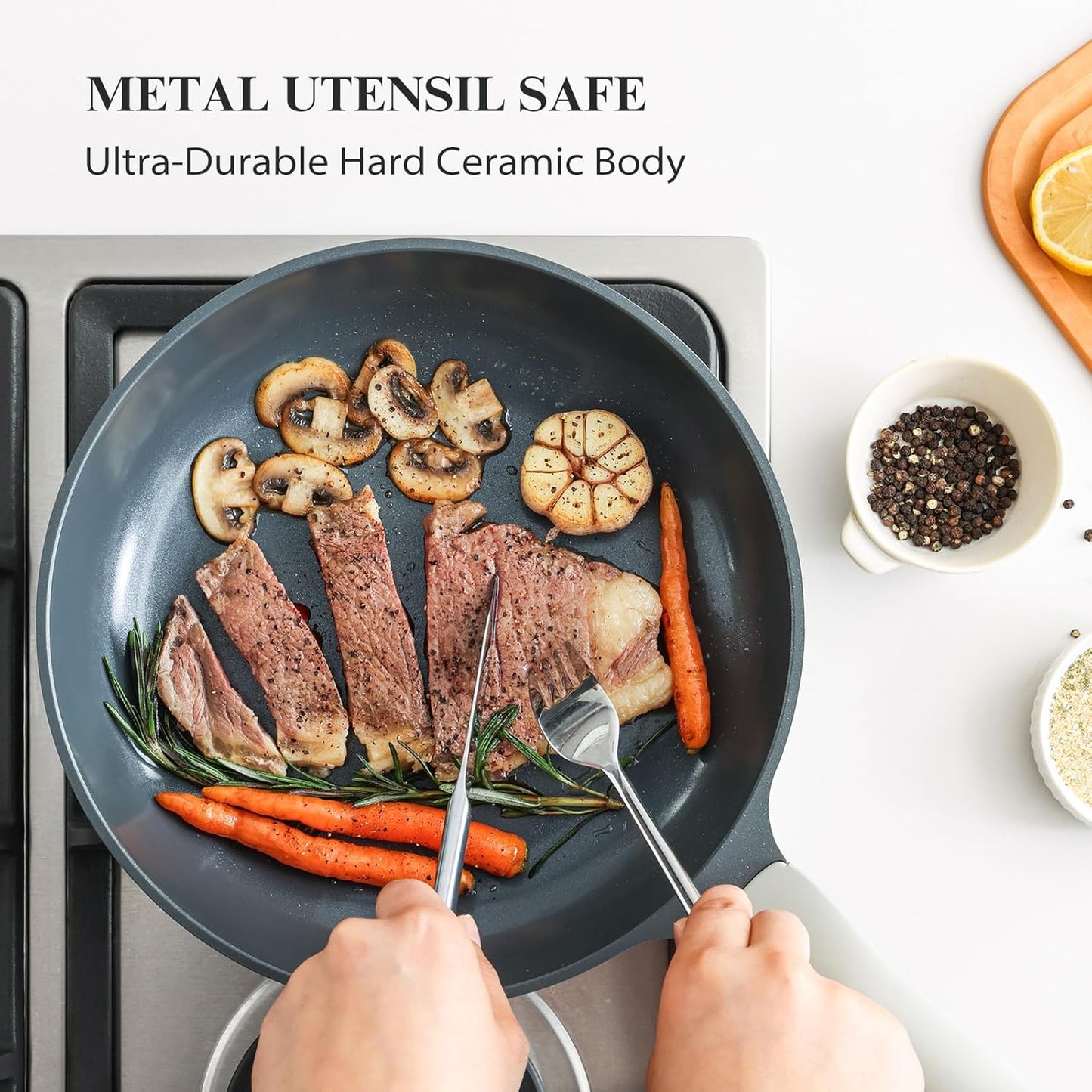 Nonstick Ceramic Frying Pan, 8/10/12 Inch Non Toxic Skillet, Healthy Egg & Omelet & Chef's Pan, PTFE PFOA & PFAS Free, Induction Compatible (12-Inch, Gray)