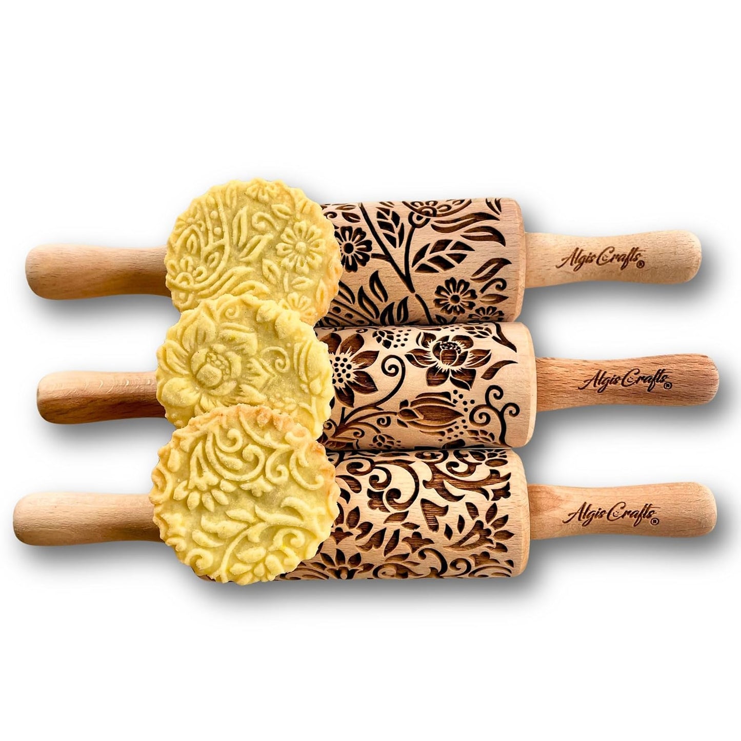 FLORET 3 Kid Rolling Pin Set with Lotus, Kashmir, Paisley, Flowering Vine, Lily Flowers Patterns. Wooden Laser Cut Mini Rolling Pins for Cookies, Play Dough, Salt Dough or Clay by Algis Crafts