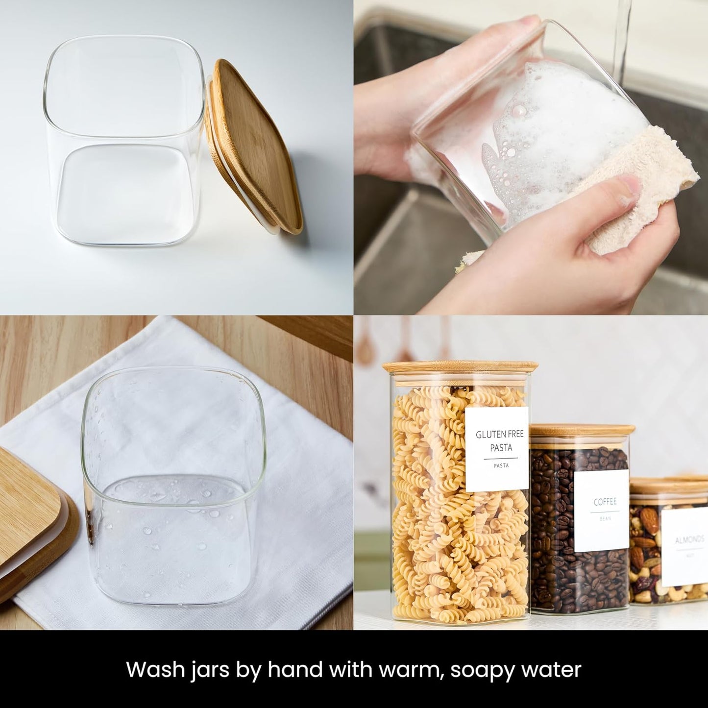 Talented Kitchen Square Glass Food Storage Containers - Airtight & Labeled Glass Kitchen Storage Containers - Space-Saving Stackable Square Pantry Jars - Pack of 6, 24/37/51 fl oz