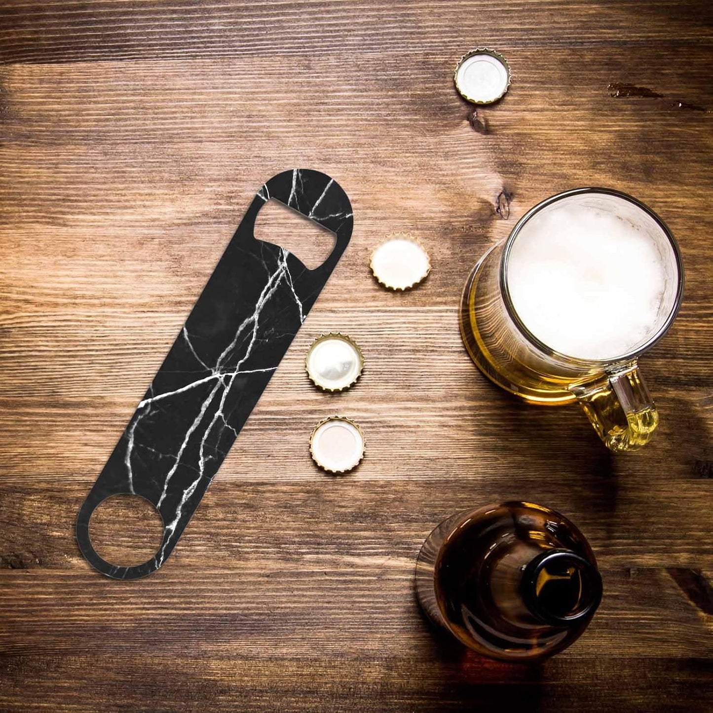 Black Marble Stainless Steel Bottle Opener Dark Texture with White Cracked Wave Art Flat Beer Bottle Opener Keychain for Home Kitchen Bar Restaurant Party Birthday Gift
