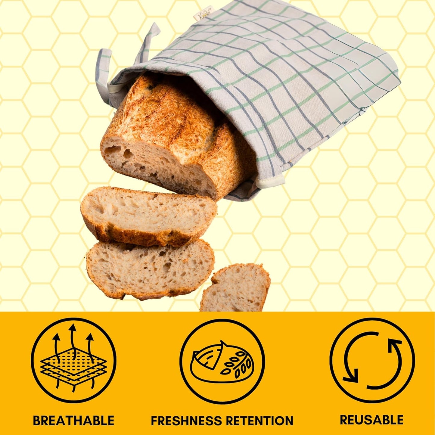 Keeki Bag - The Original Beeswax Lined Bread Bag for Homemade & Sourdough | Reusable Linen Bread Storage | Beeswax Wrap Alternative | Plastic-Free Storage w/Wide Opening & Drawstring Closure - Yellow