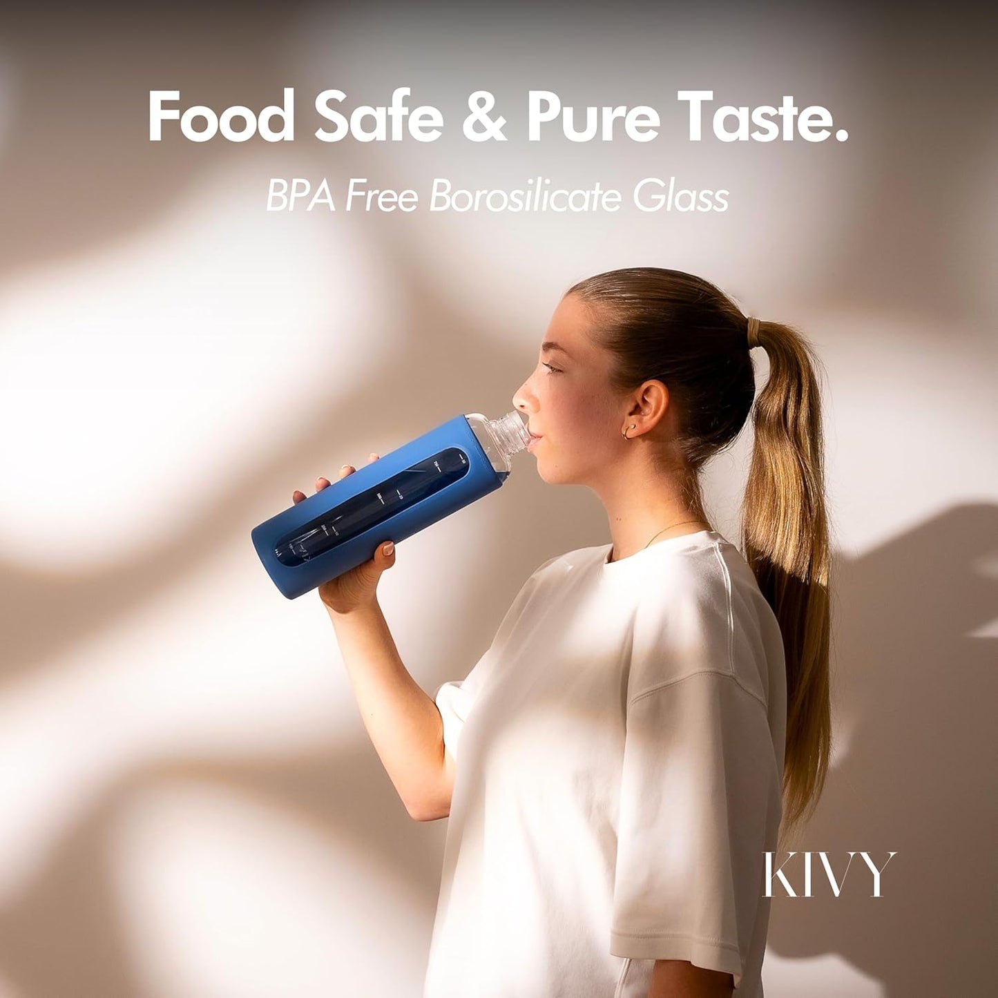 KIVY Glass Water Bottle with Silicone Sleeve 32 oz [WITH MEASUREMENT] - Borosilicate Glass Water Bottle Screw Top - Clear Bottles with Measurement Marking - Slim Waterbottle Aesthetic - Blue