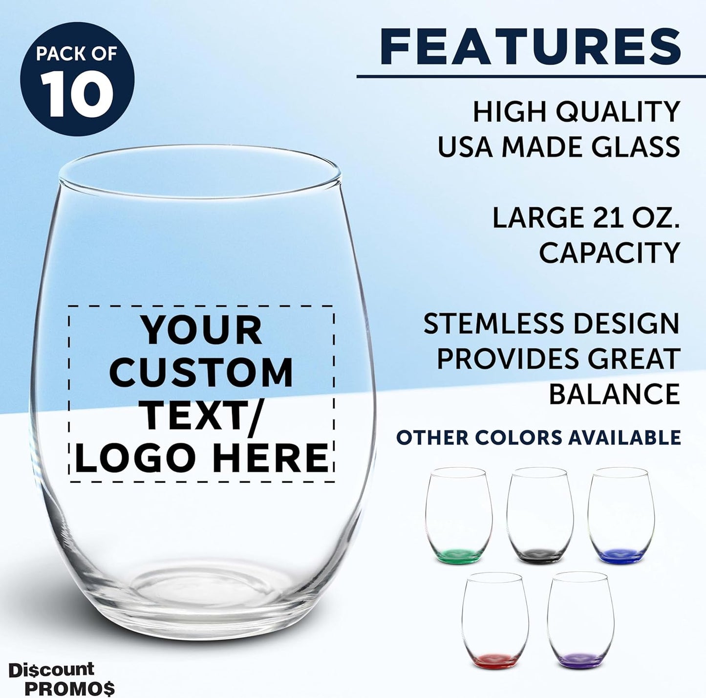 DISCOUNT PROMOS 10 ARC Stemless Wine Glasses Set, 21 oz. - Customizable Text, Logo - Chardonnay, Cabernet, Merlot, Sauvignon - Clear