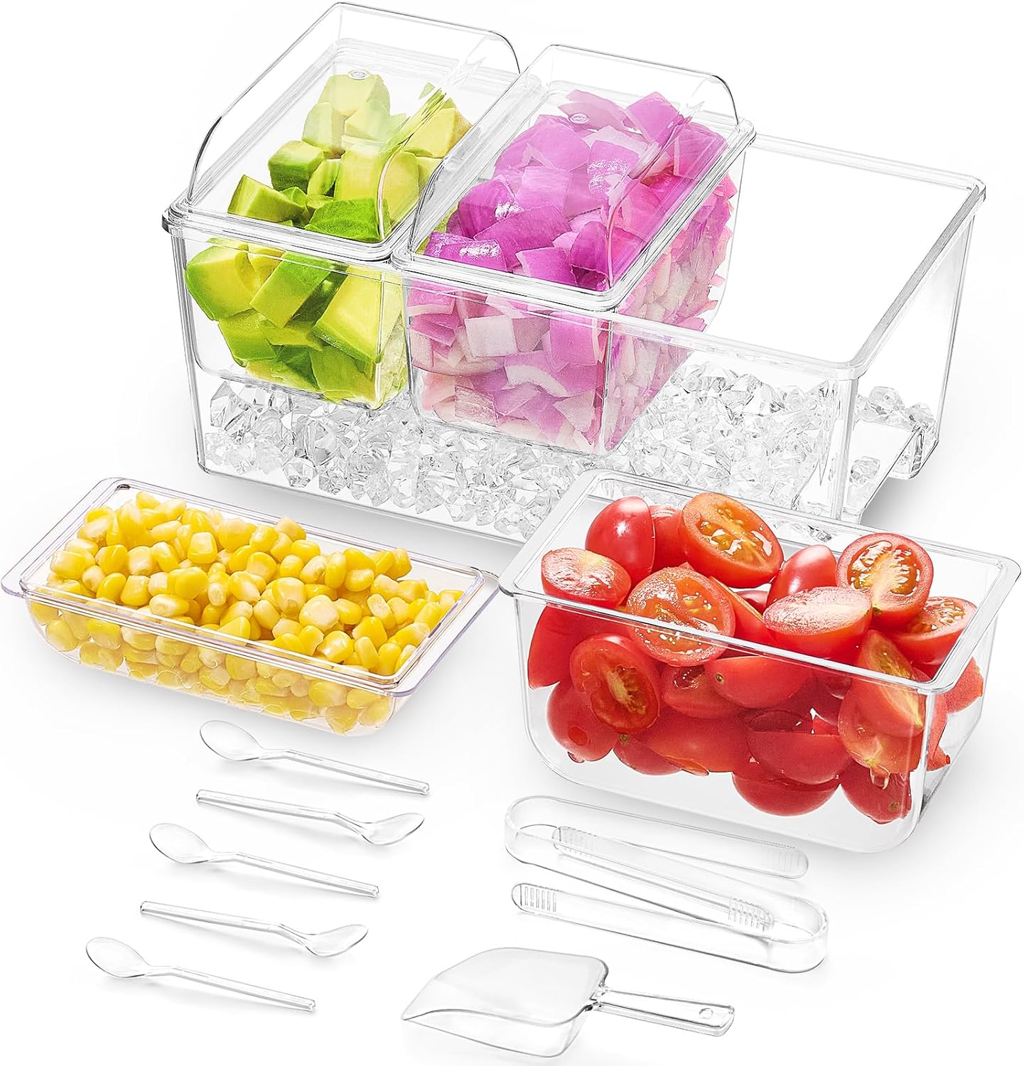 Lifewit Taco Bar Serving Set for Party with 3 Containers(2.5 Cup) & Components, Large Ice Chilled Condiment Caddy Organizer, Garnish Serving Tray Platter for Mimosa Bar Accessories, Fruit, Salad, Food