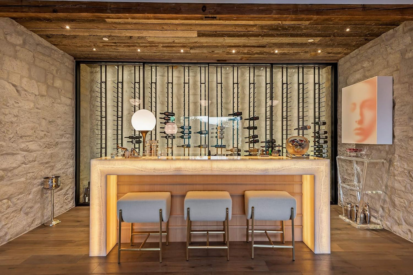 Ultra Wine Racks Floor-to-Ceiling Mount Display (1 Side, Double Deep, Black, Holds 42 Wine Bottles) - Modern Metal Wine Storage for Wine Cellars, Home Bars, Kitchens, and Dining Rooms