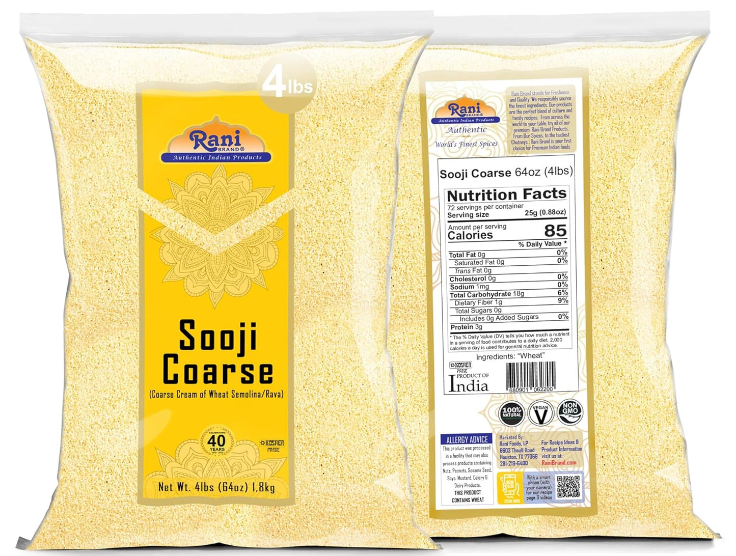 Rani Sooji Coarse (Farina, Suji, Rava, Rawa, Wheat Semolina) Flour 64oz (4lbs) 1.81kg Bulk ~ All Natural | Vegan | NON-GMO | Indian Origin