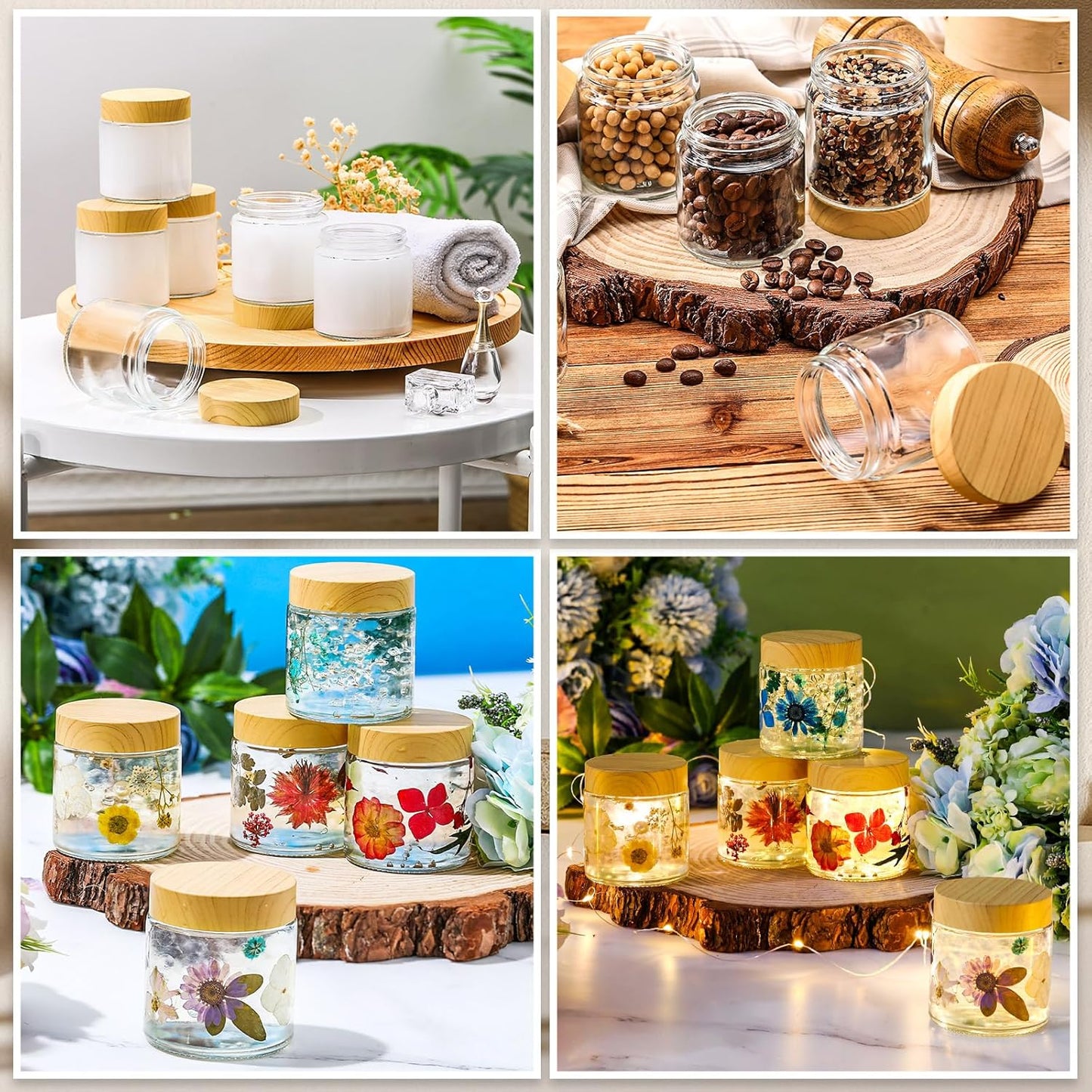 Norme 64 Pcs 4 oz Glass Jars with Lids Empty Small Glass Containers and Inner Liners Reusable Cosmetic Jars Round Airtight Bottles with Plastic Woodgrain Lids for Travel