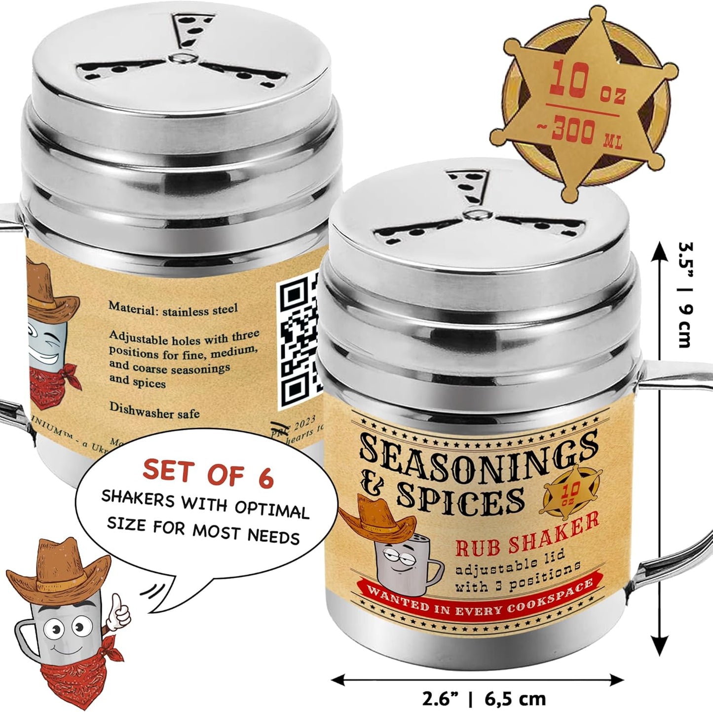 CUSINIUM [Pack of 6] 10 oz Seasonings Spice Shakers - BBQ Dry Rub Shakers - Cooking Dredge with Adjustable Fan-Style Lid and Handles