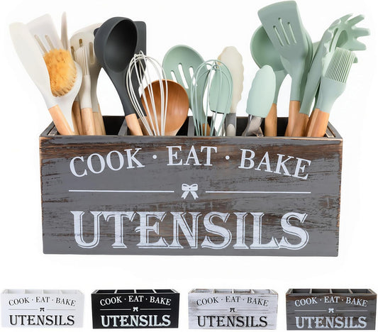 Utensil Holder,Extra Large Wooden Utensil Holder For Kitchen Counter,Cooking Spatula Organizer,Big Storage Caddy With 4 Compartments Flatware Spoon Tool Cutlery（Grey）