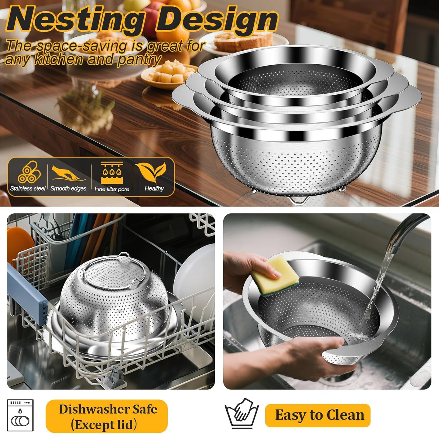 Colander, Stainless Steel Colander for Kitchen, 3Pcs Kitchen Gadget Food Strainer Basket with Handle, Kitchen Strainer Colanders Bowl for Pasta Noodles Spaghetti Vegetables Fruit (2QT, 3QT, 5QT)