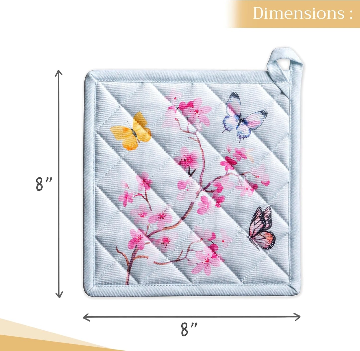 Maison d' Hermine Pot Holders Set 100% Cotton Heat Resistant Potholders 8" x 8" Hot Pads with Loop BBQ, Cooking, Grilling, Kitchen, Handling Hot Pans Spring/Summer (Pack of 2, Blossoms in Spring)