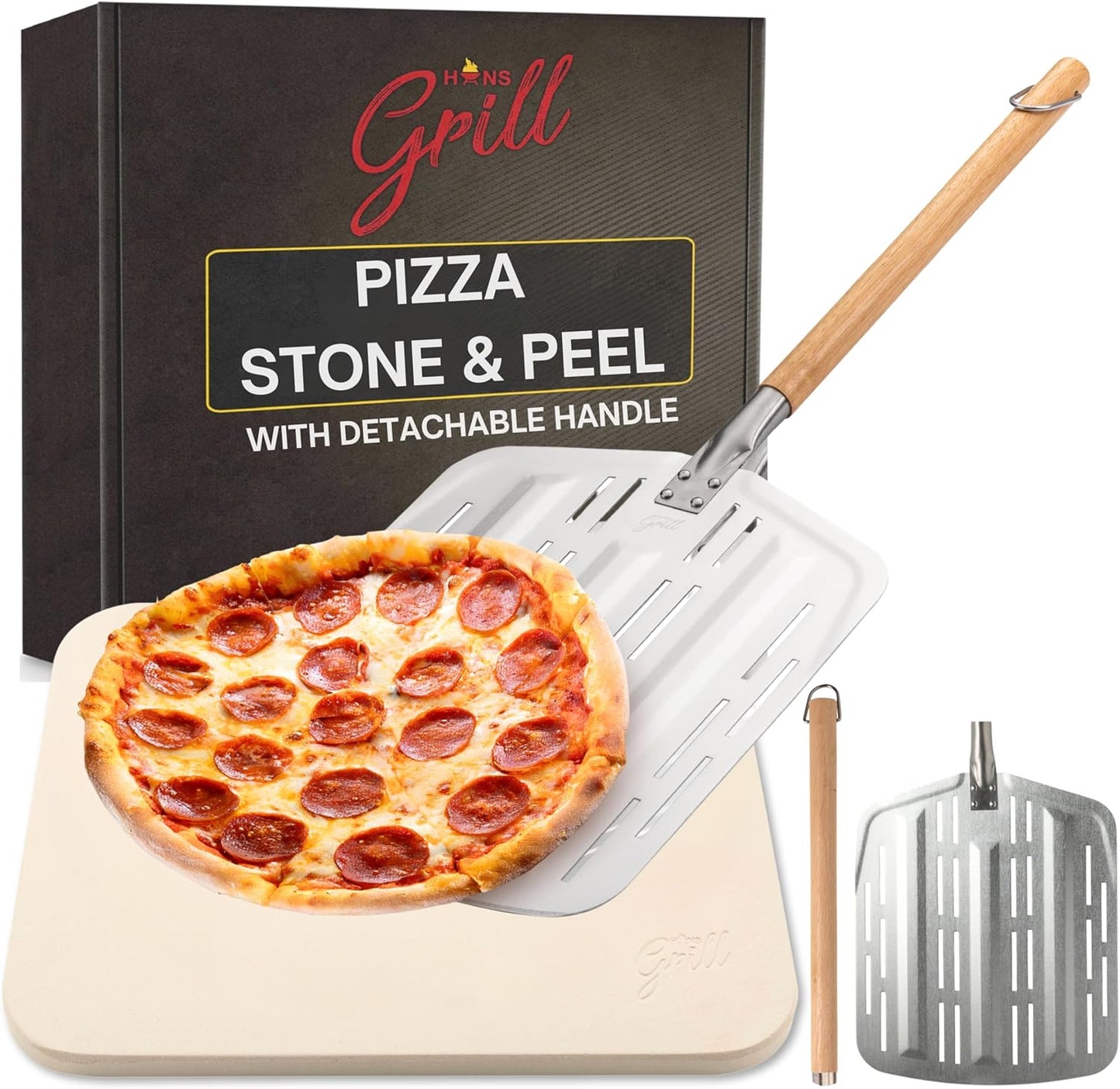 Hans Grill Pizza Stone PRO XL Baking Stone For Pizzas use in Oven, Grill or BBQ FREE Long Handled Anodised Aluminium Pizza Peel | Rectangular Stone 15 x 12" Inches | For Pies, Pastry, Bread, Calzone