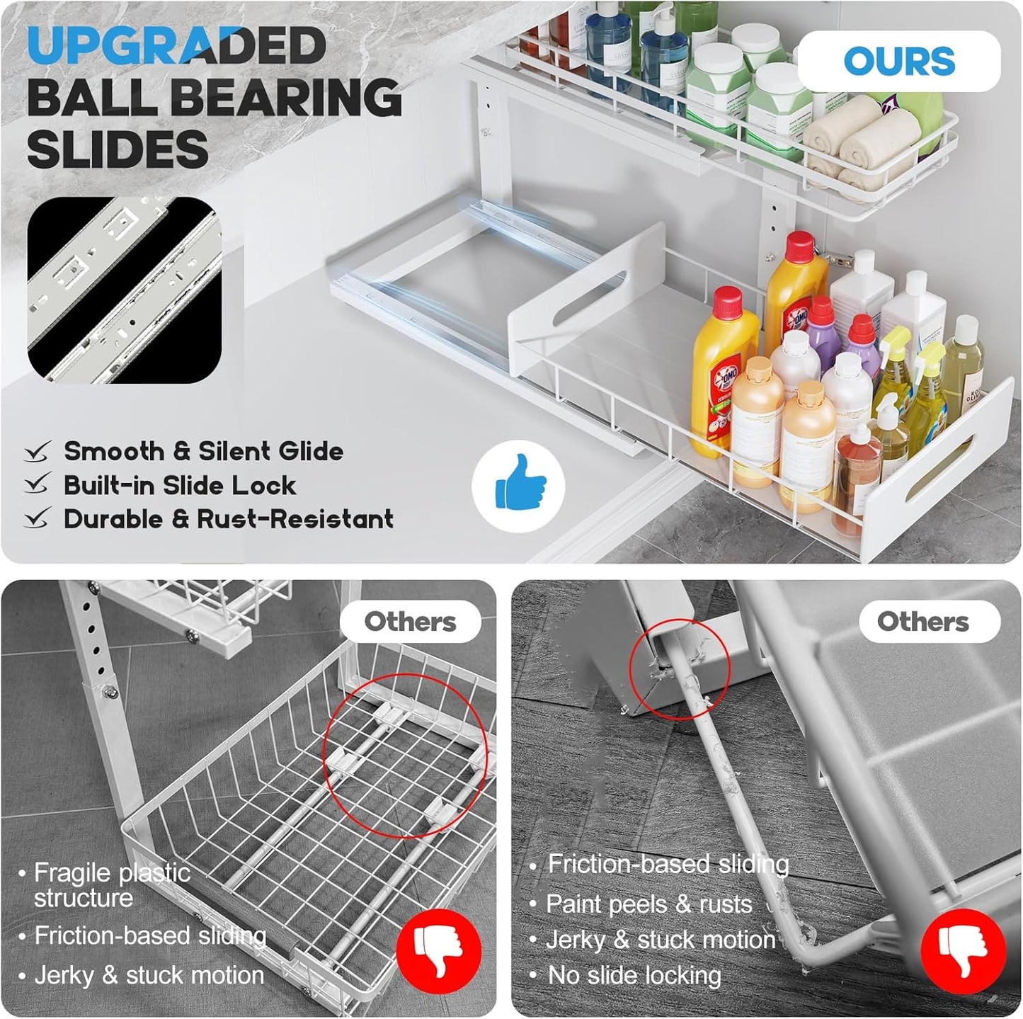 2 Pack 18 IN Depth Under Sink Organizer with Smooth Ball Bearing Slides,2-Tier Pull Out Cabinet Storage,Slide Out Drawers for Bathroom&Kitchen,Rust-resistant Coating,Height Adjustable-White