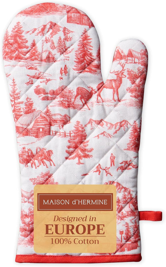 Maison d' Hermine Oven Gloves 100% Cotton Oven Mitt 7" x 13" with Loop Heat Resistant, BBQ, Cooking Gloves, Baking, Grilling, Kitchen, Handling Hot Pans (Pack of 1, Winter Jouy)